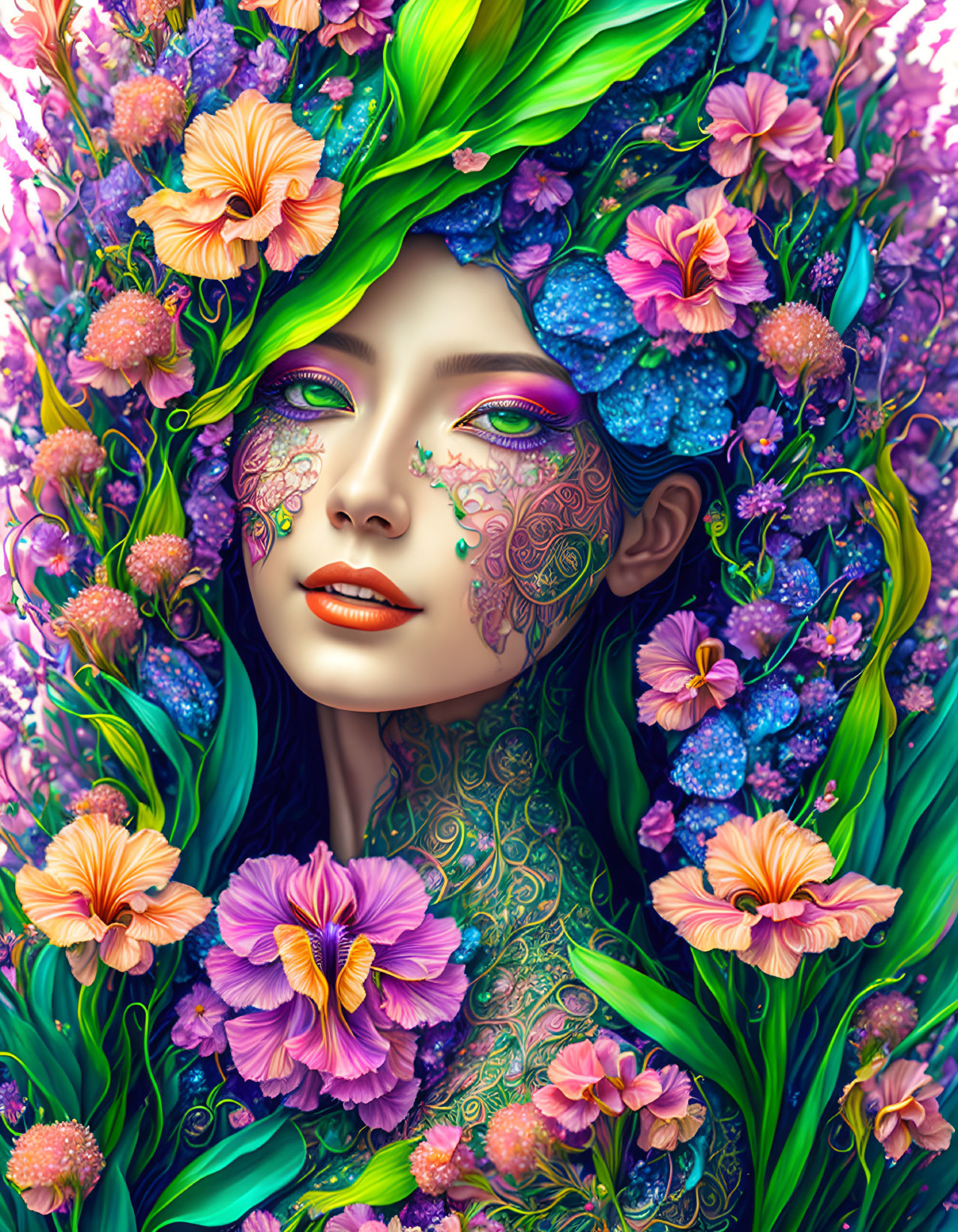 Colorful woman illustration with floral adornments and intricate patterns in blossom-filled setting