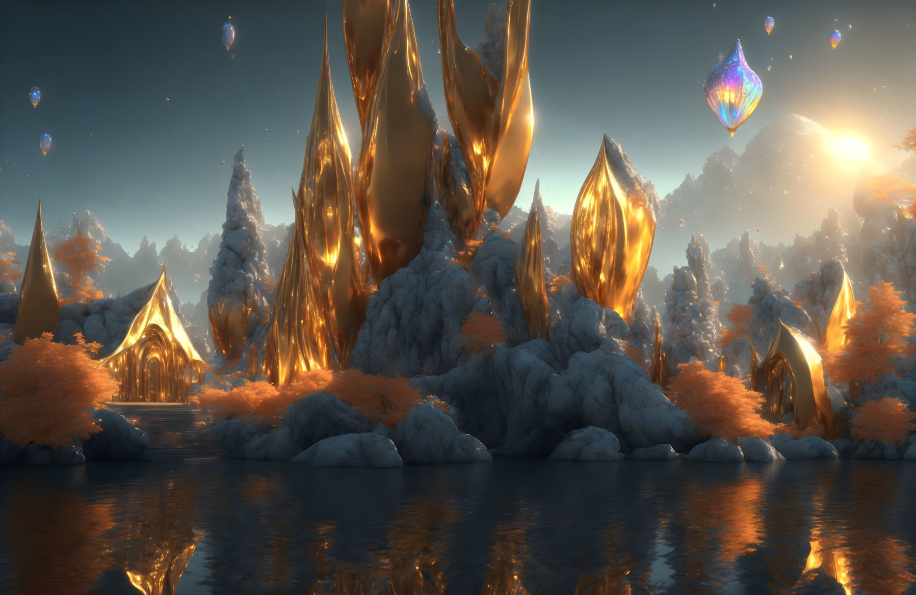 Fantasy landscape with golden structures, snow-covered trees, and floating crystal