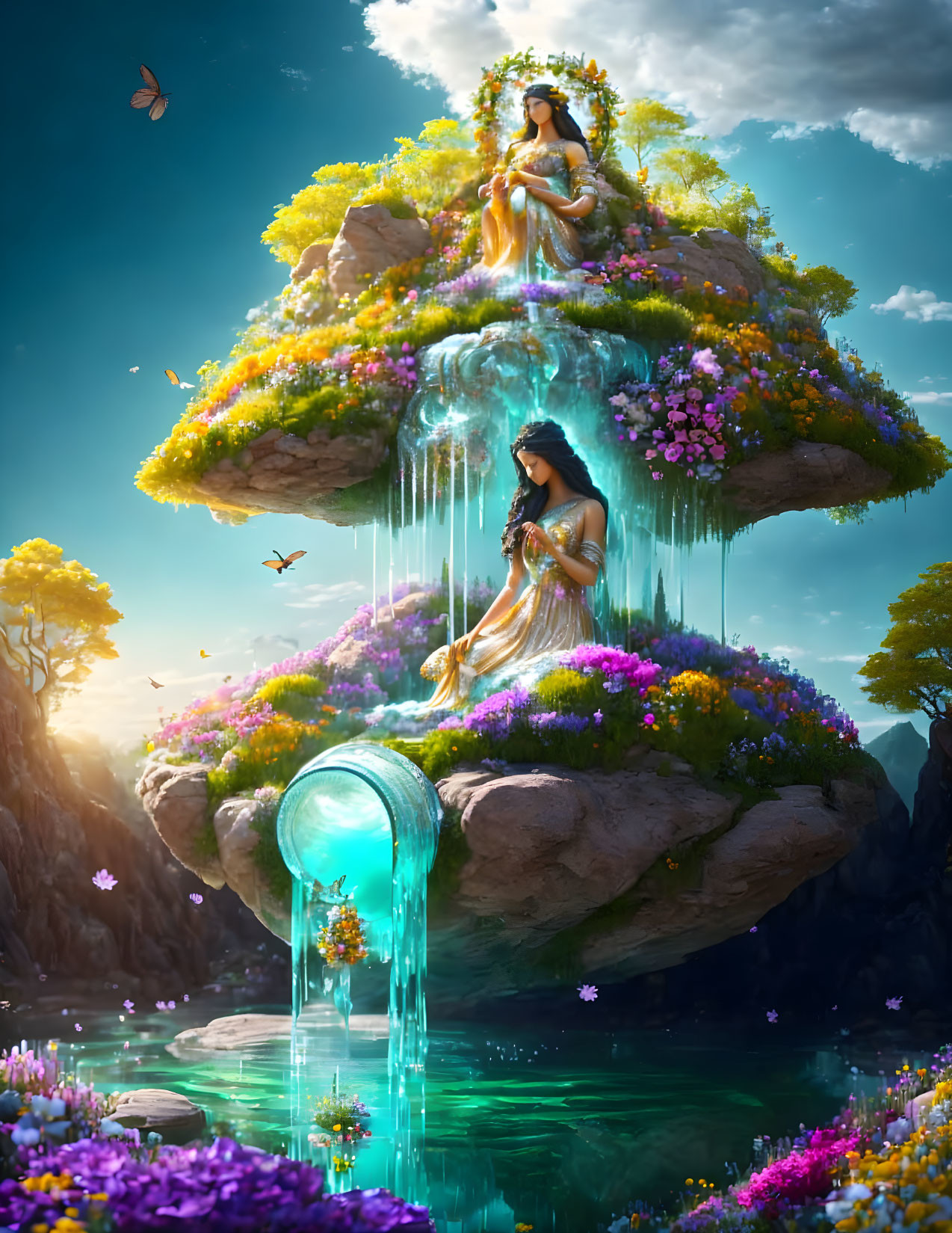 Fantastical image: Two women on floating land masses with waterfalls, vibrant flora, serene lake