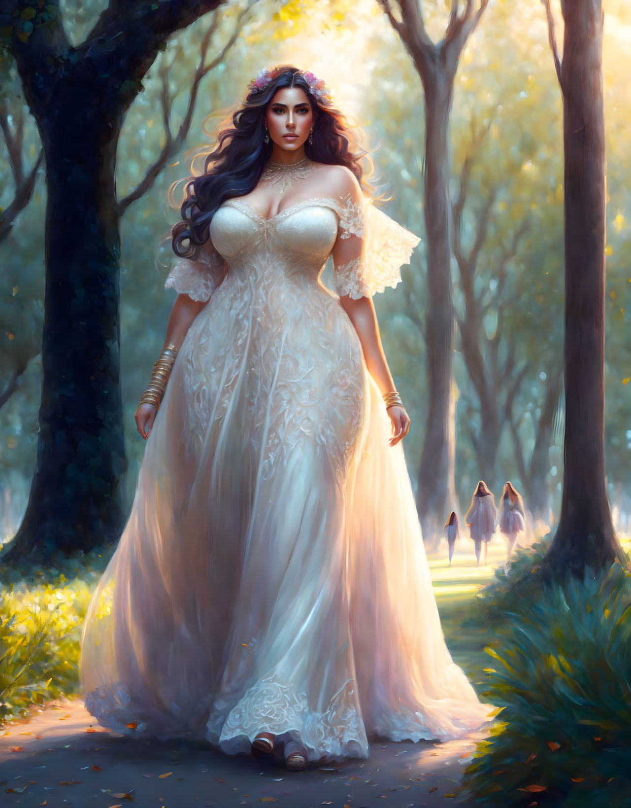 Woman in white off-shoulder dress walking in sunlit forest with distant figures