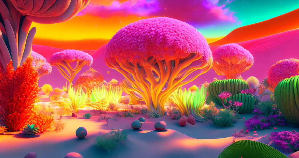 Neon-hued vegetation in surreal landscape under starry sky