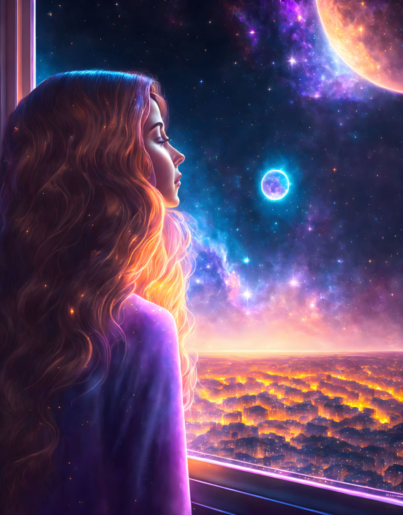 Woman looking at vibrant cosmic scene with stars, nebula, moon, and cityscape