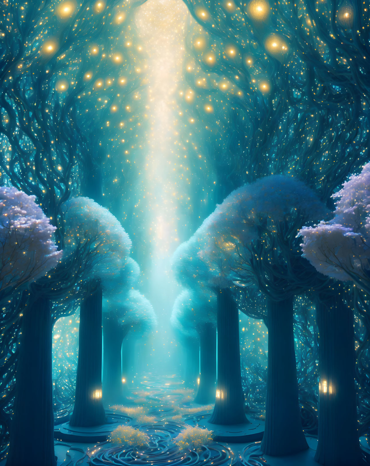 Enchanted forest with glowing orbs and radiant light source