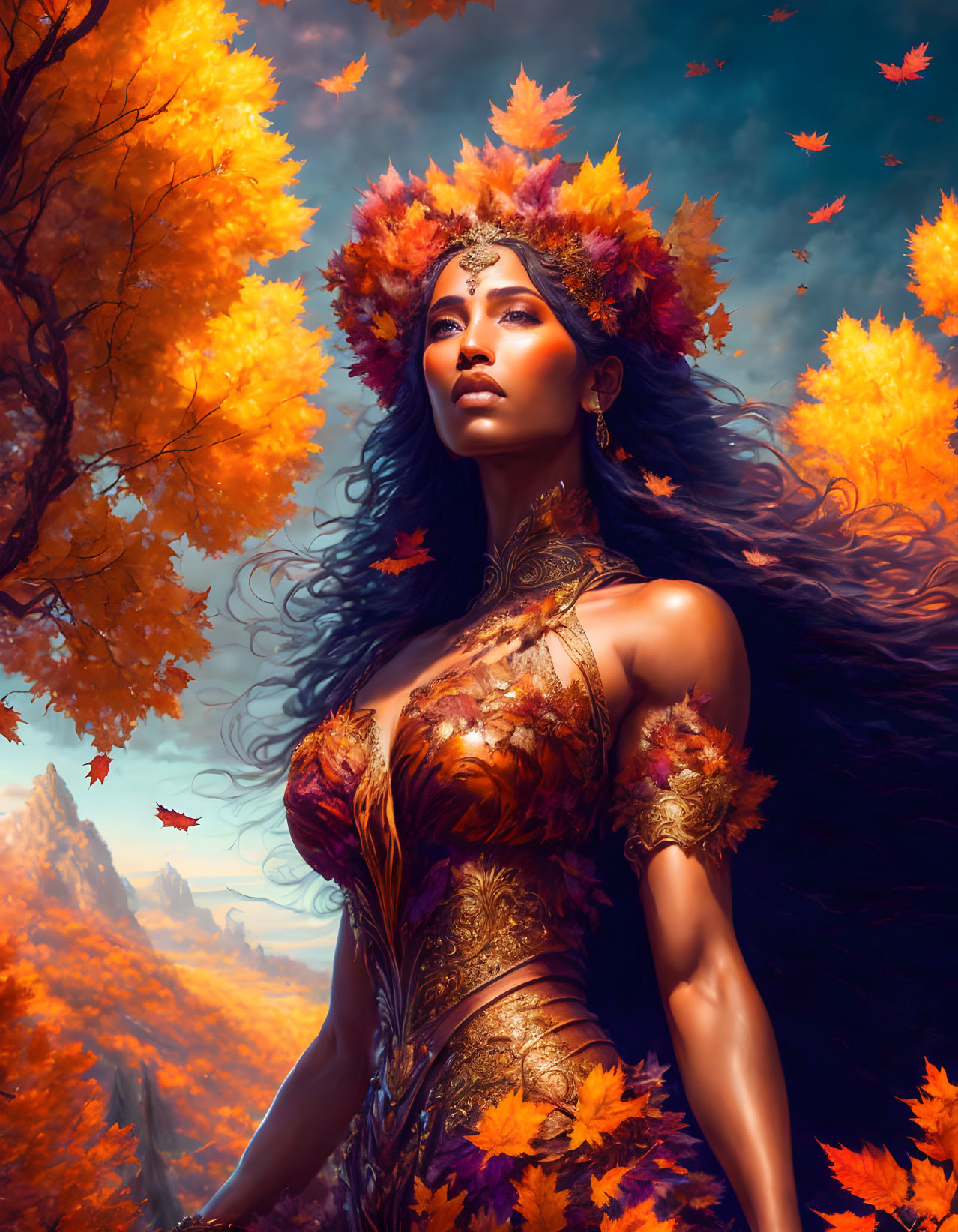 Digital Artwork: Woman with Autumn Leaves in Hair and Golden Armor in Fall Landscape