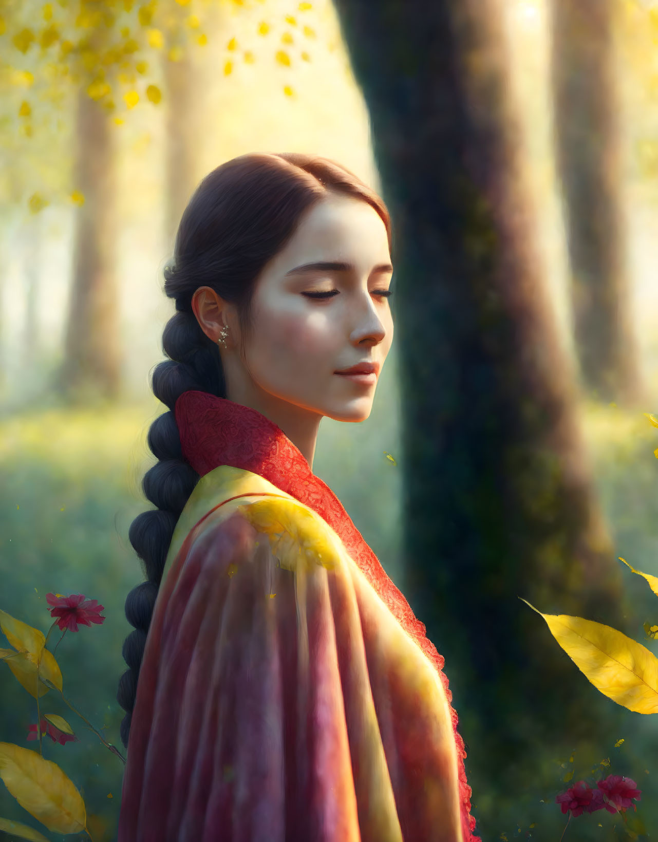 Woman with Long Braid in Sunlit Autumn Forest with Falling Leaves