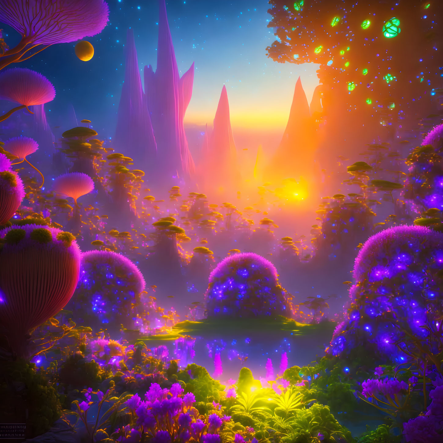 Fantasy landscape with glowing flora and misty sunset backdrop