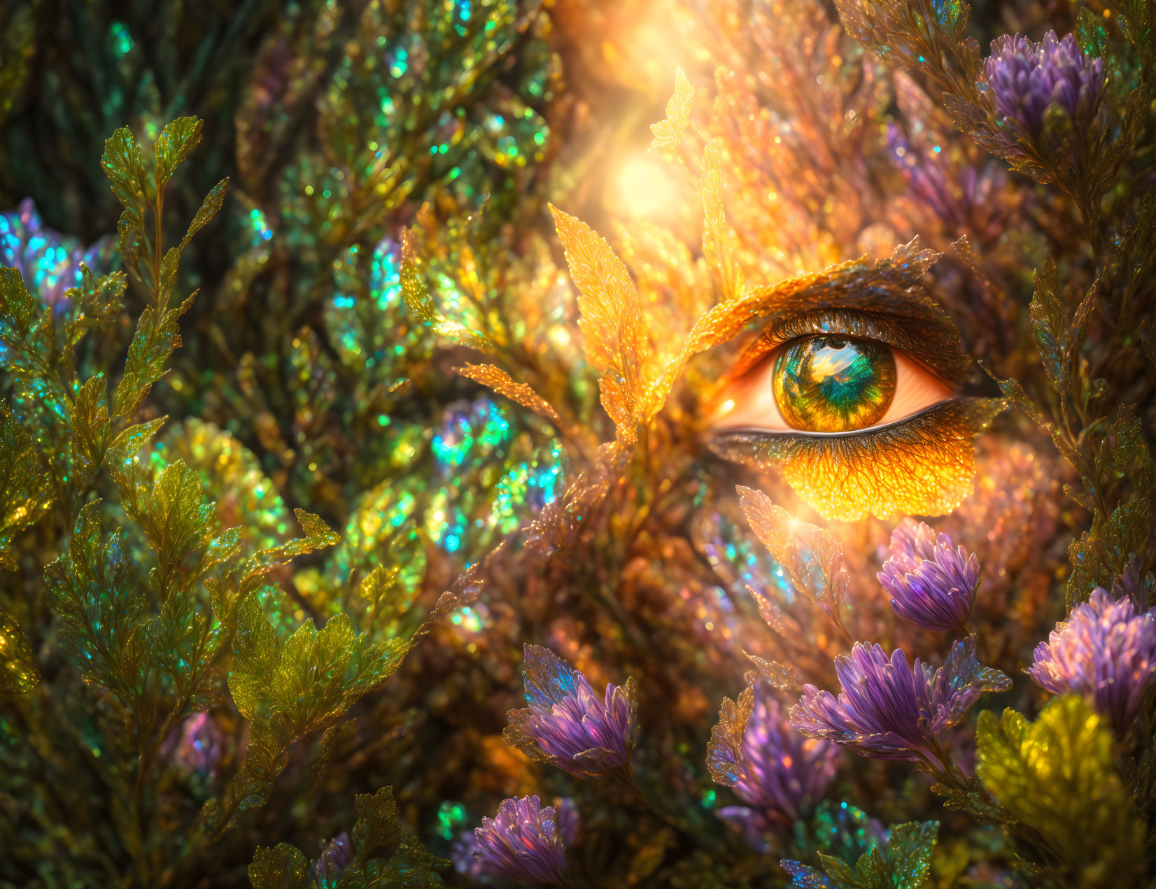 Colorful Human Eye in Glowing Foliage with Ethereal Light