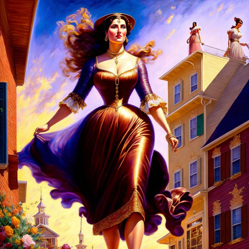 Illustration: Woman in gold and purple dress with wide-brimmed hat walking confidently in vibrant street