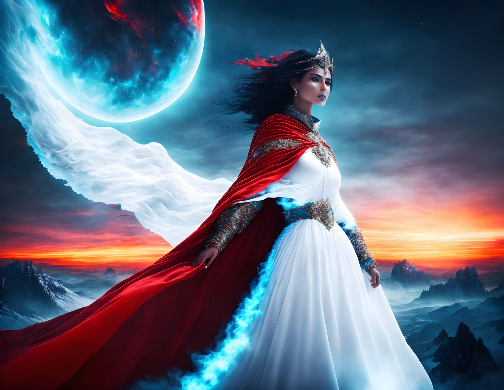 Woman in white dress and red cape under dramatic sky with moon.