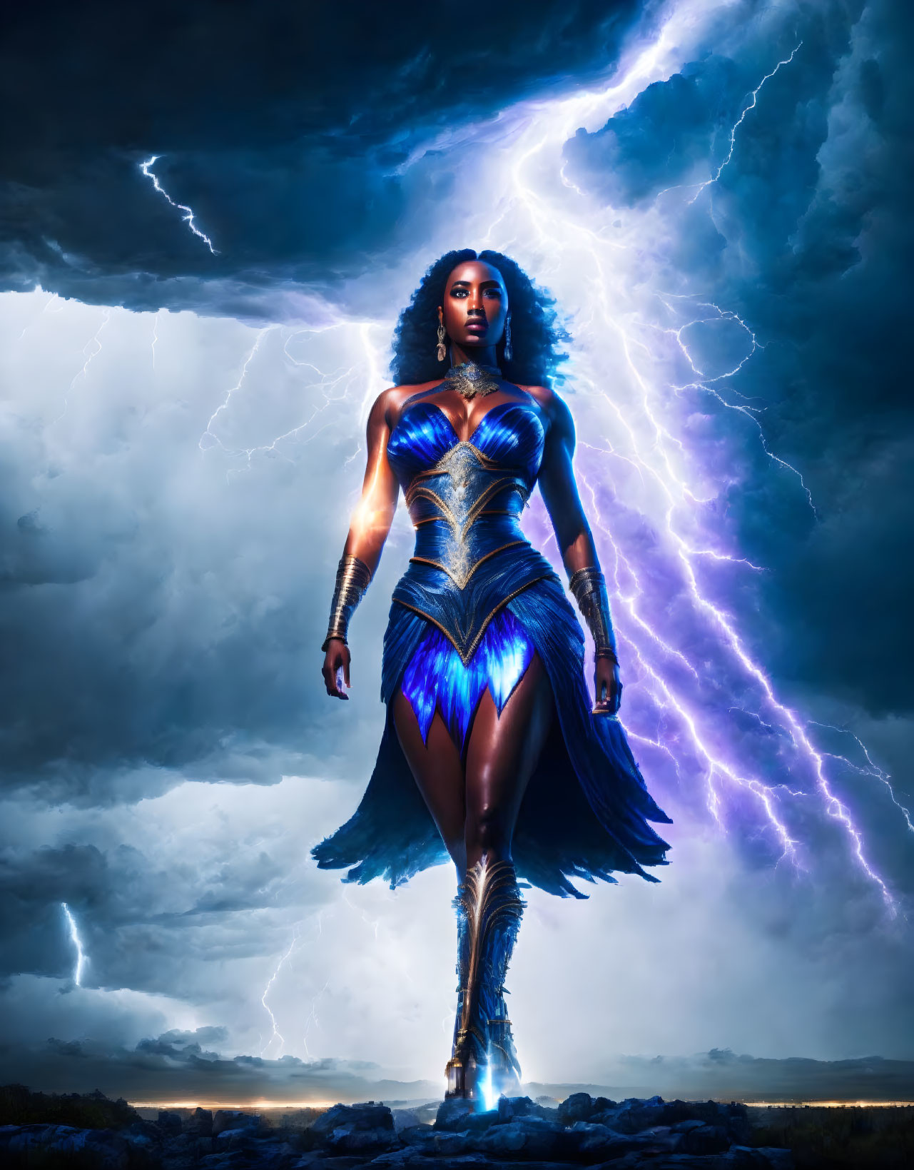 Female warrior in blue and gold costume under stormy sky with lightning bolts