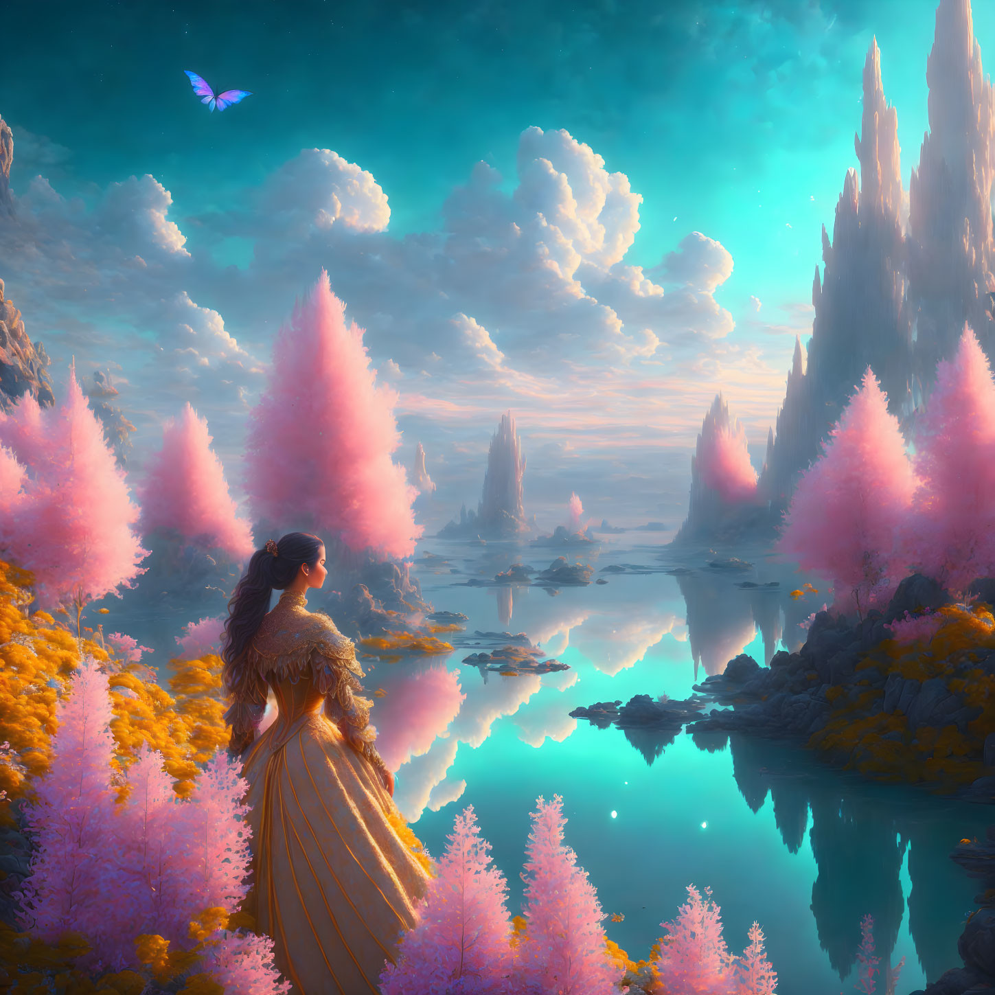 Golden dress woman admires pink tree landscape with glowing butterfly