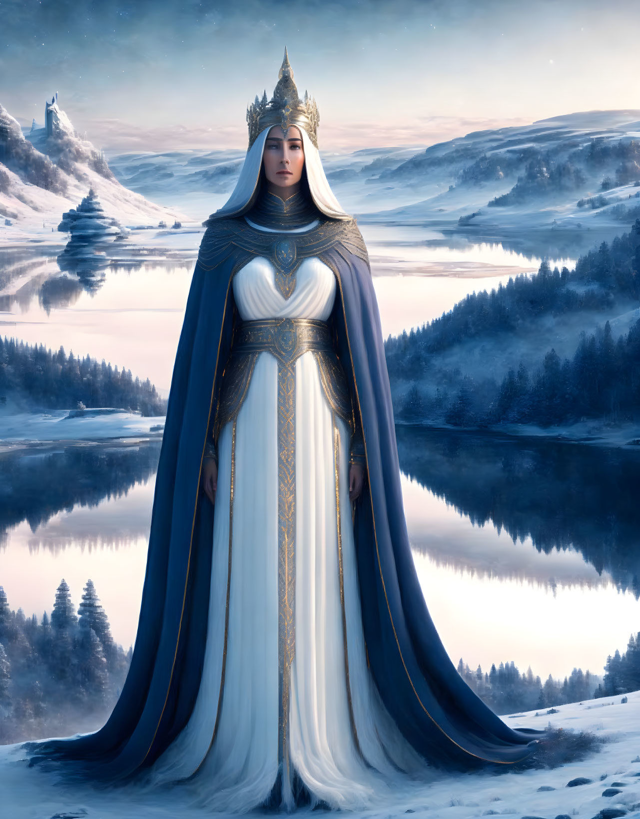 Regal figure in white and blue gown with crown in serene snowy landscape