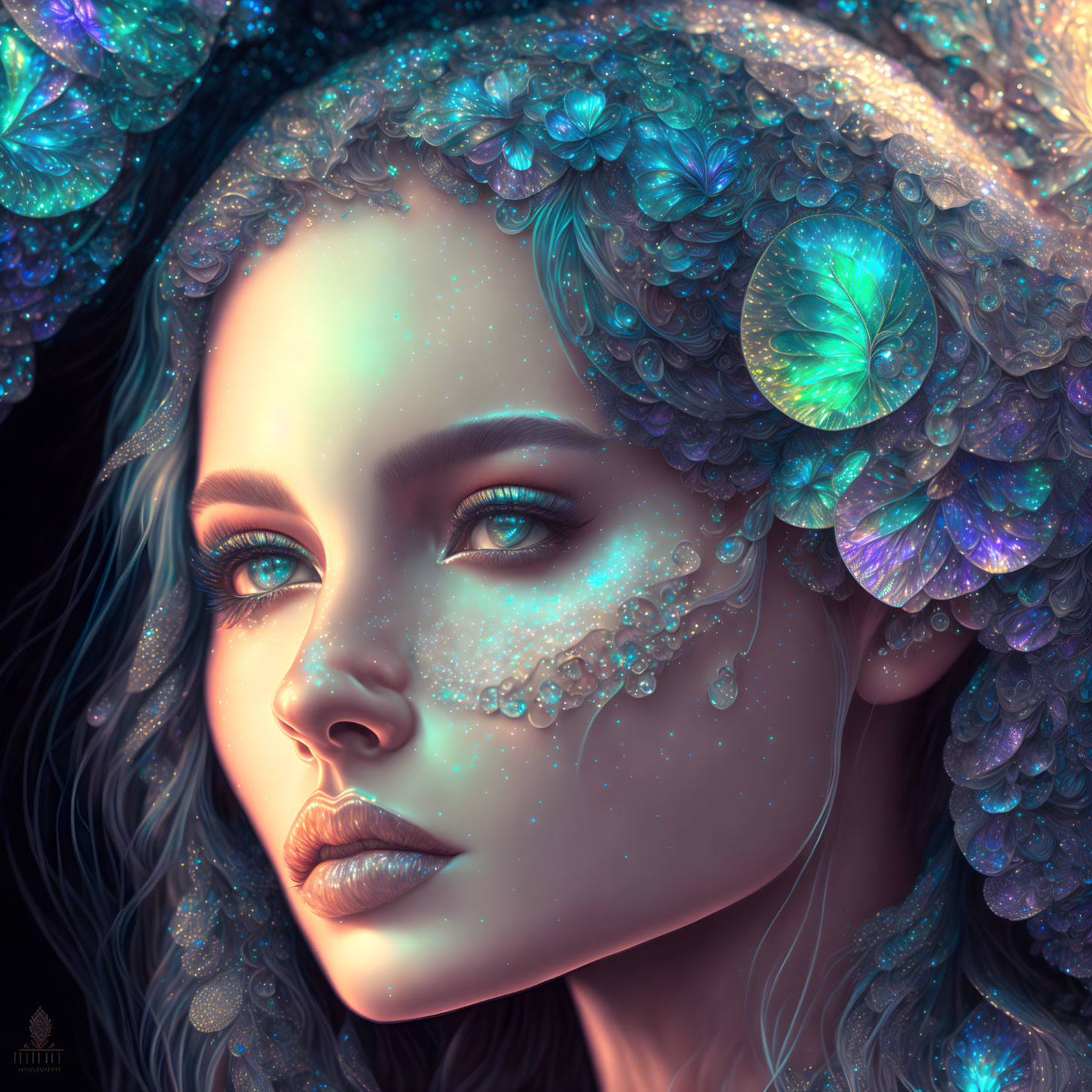 Iridescent digital portrait of a woman with fish scale headdress