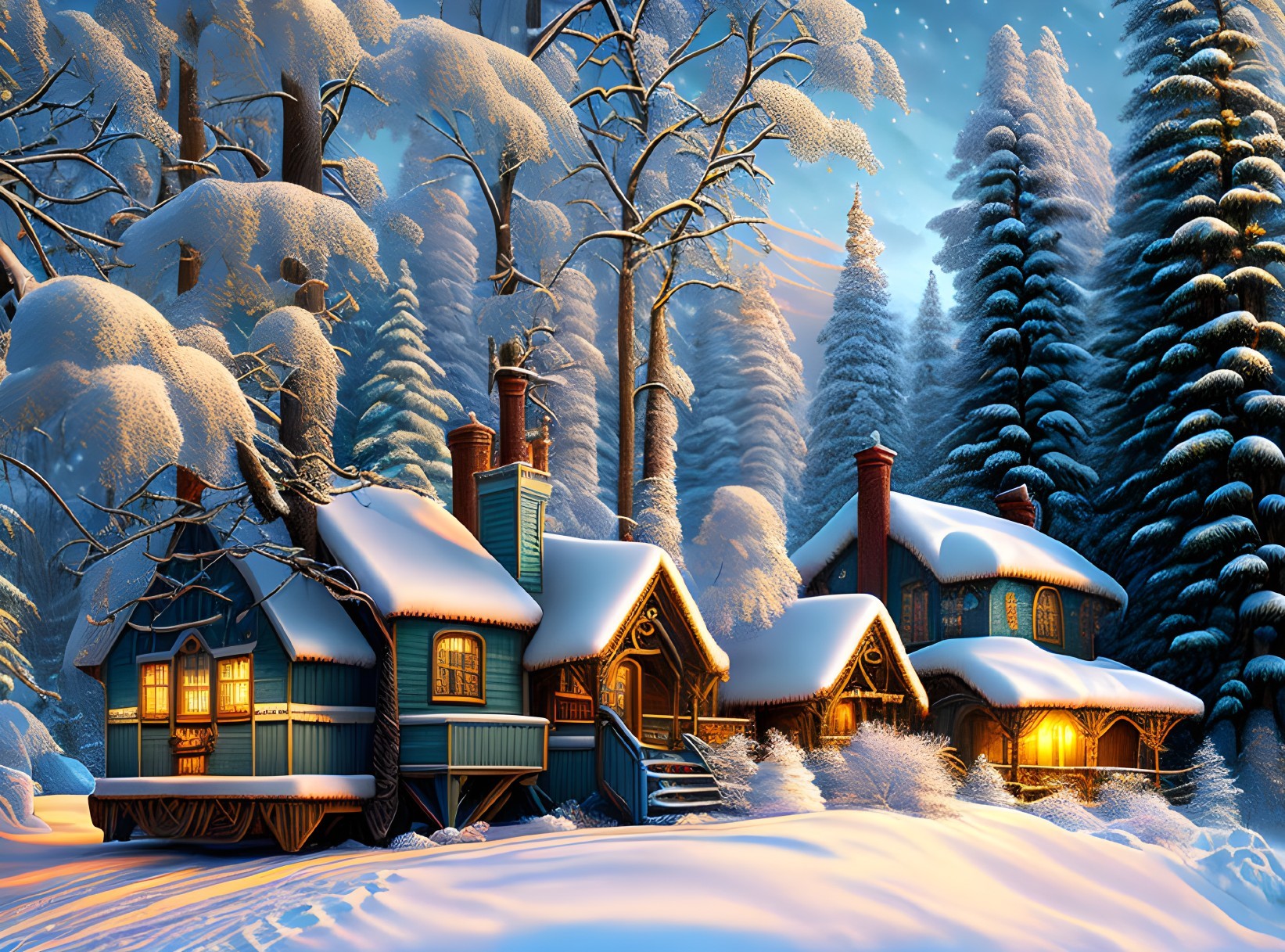 Snow-covered houses in a winter forest with glowing windows