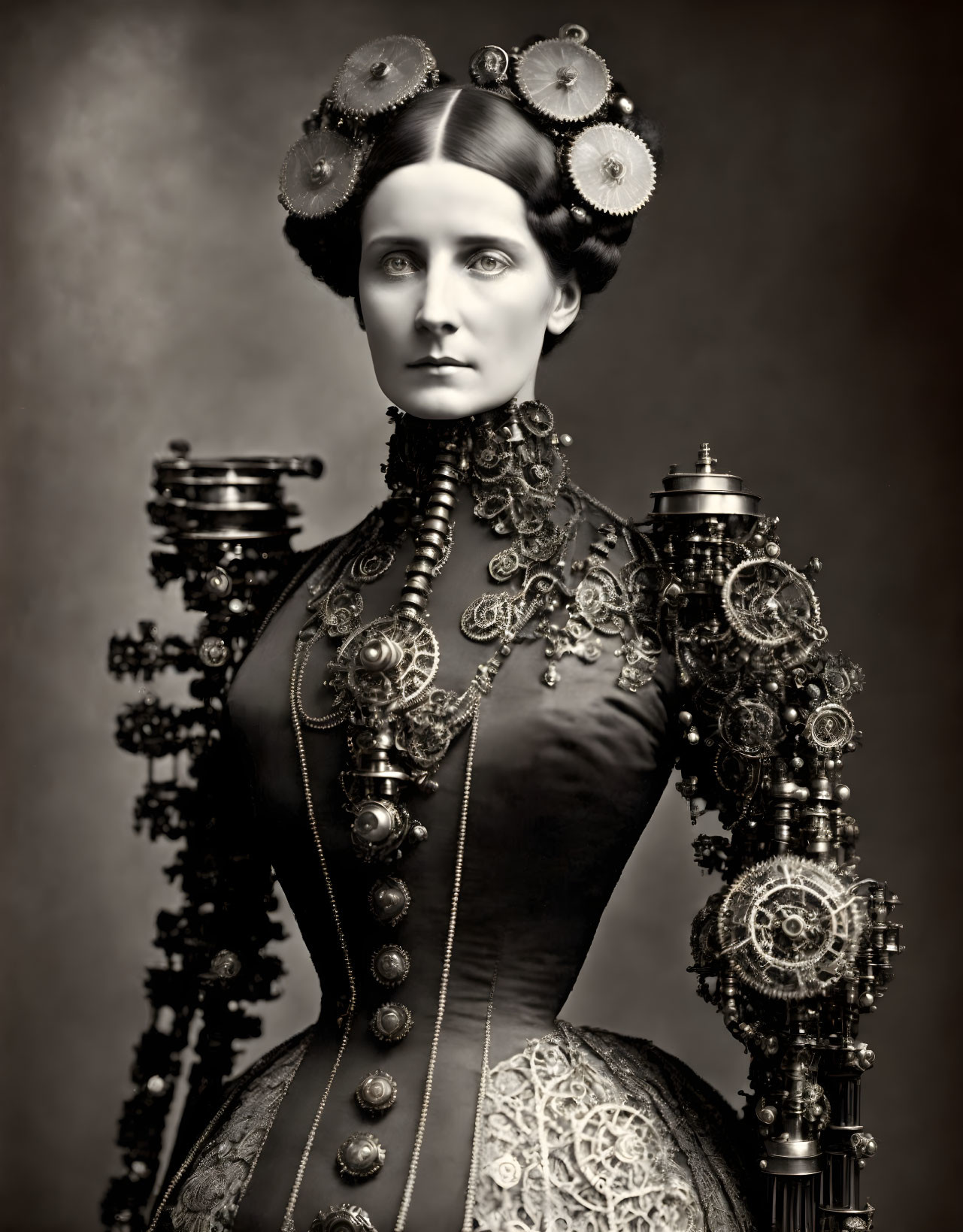 Monochromatic image of woman in Victorian-era attire with steampunk hairstyle