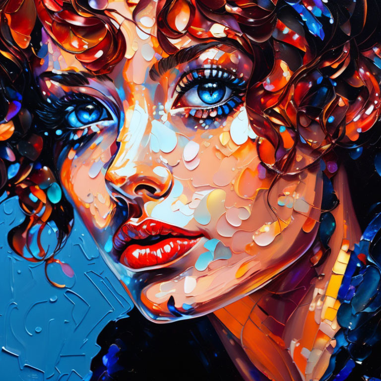 Colorful portrait of a woman with curlicue hair and expressive eyes, showcasing glossy paint-drip