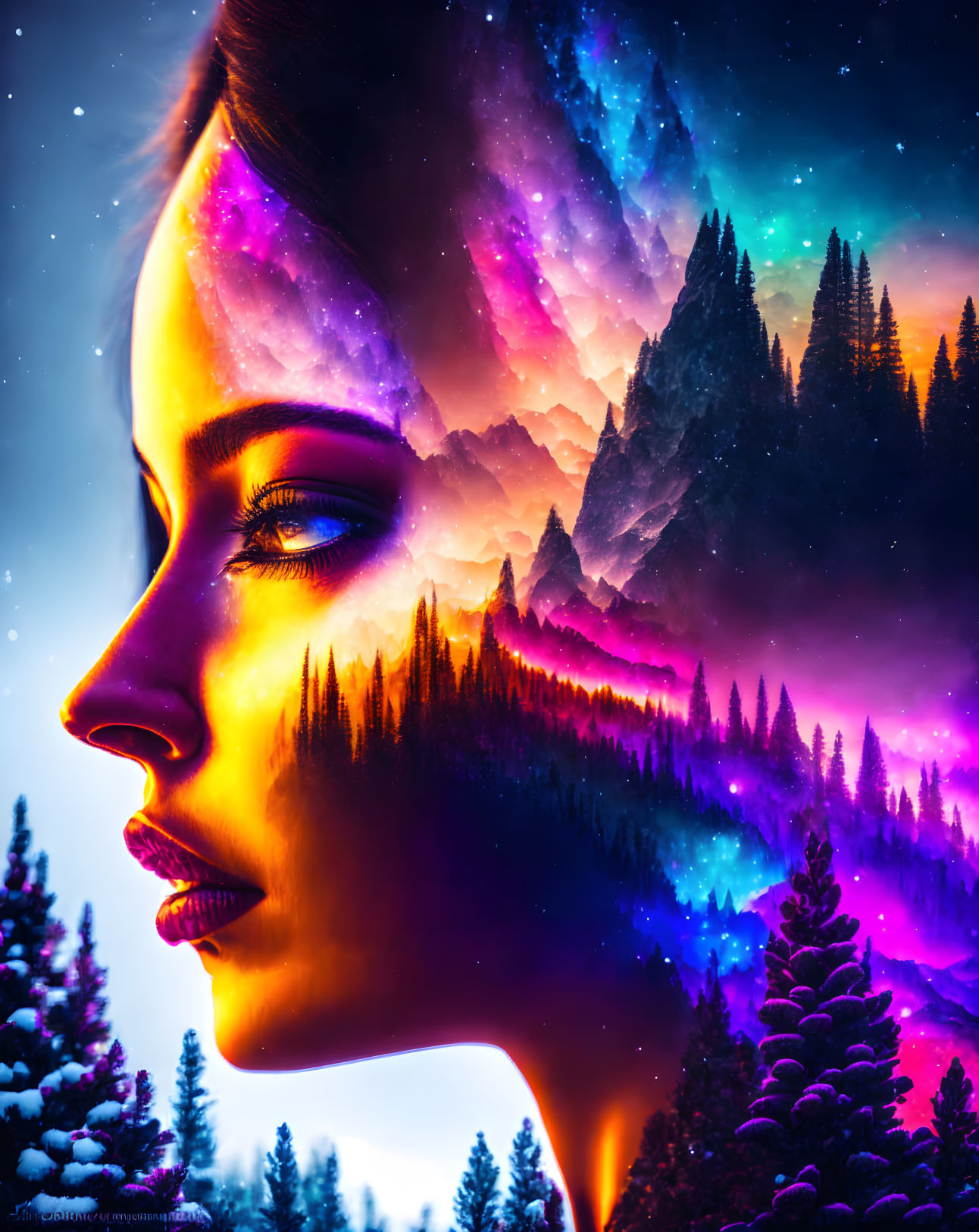 Surreal illustration: Woman's profile merges with cosmic landscape and pine forest