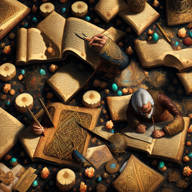 Person writing with a quill surrounded by books, ink pots, and candlelight