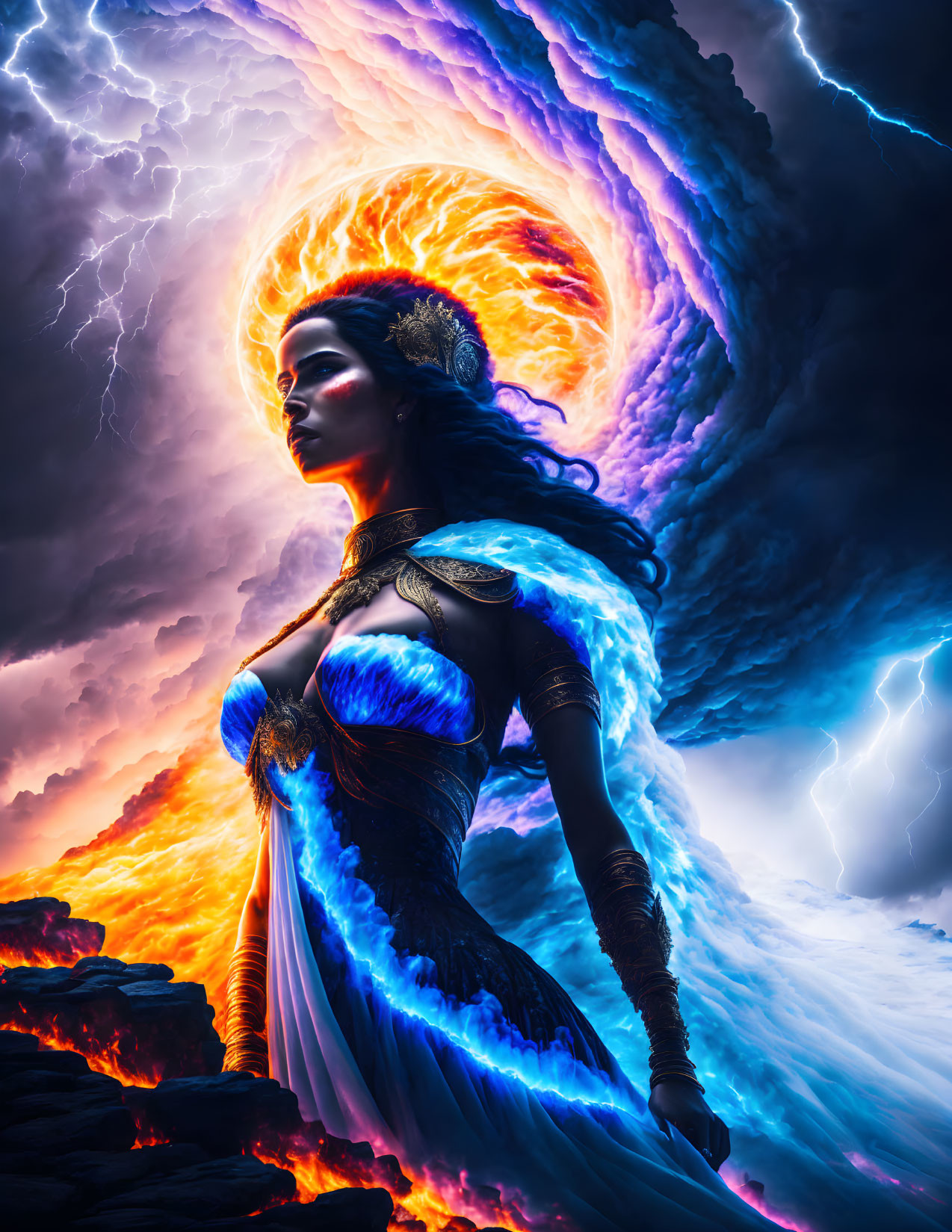 Majestic woman in blue dress by fiery lightning portal