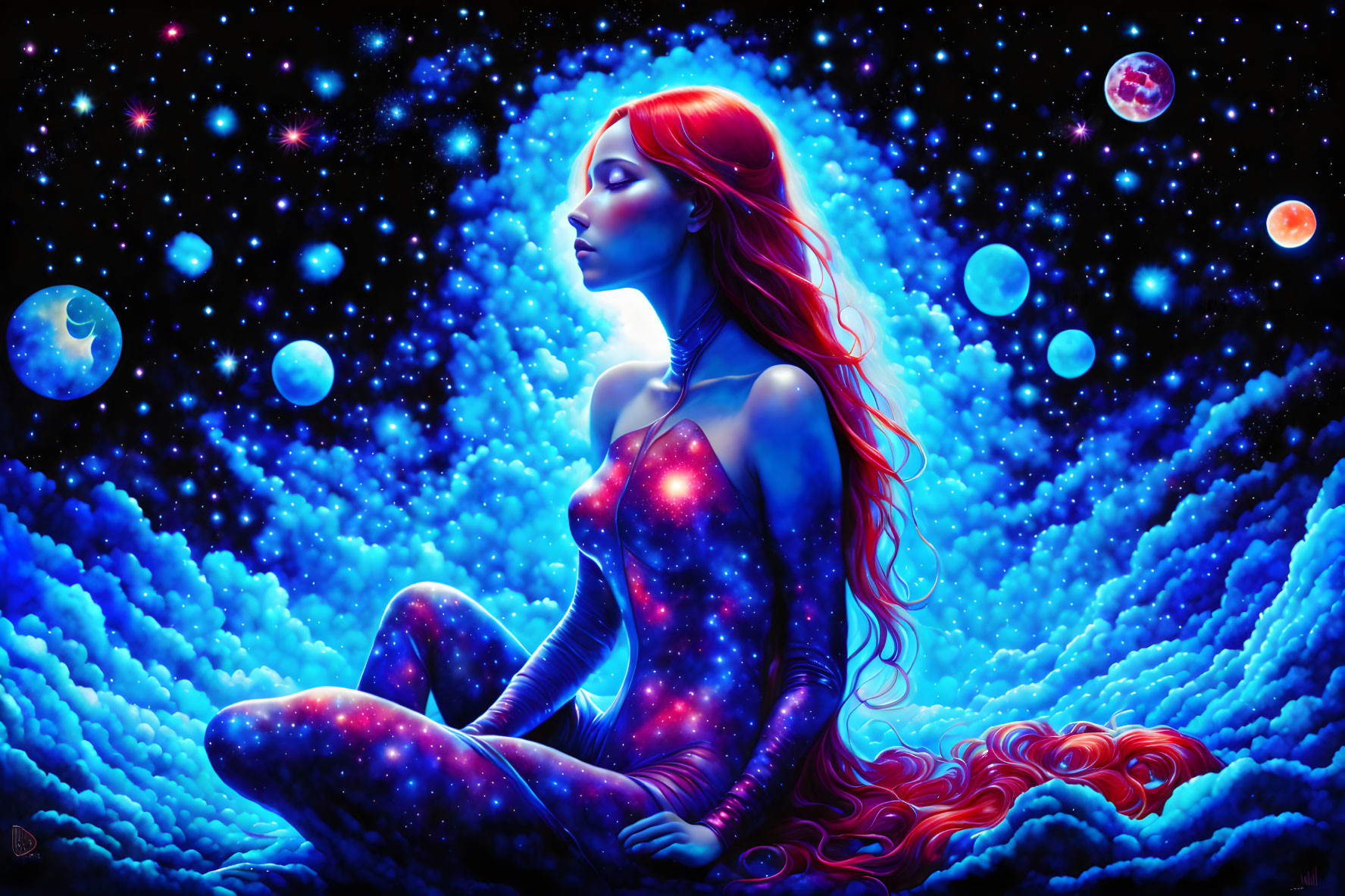 Red-haired woman in cosmic setting with stars and clouds