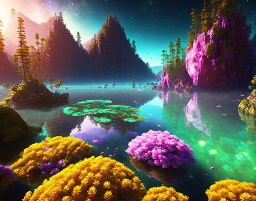 Colorful Fantasy Landscape with Reflective Water & Surreal Lighting