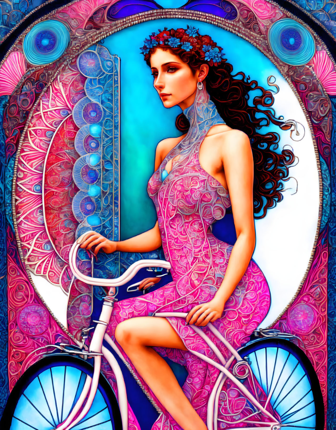 Colorful portrait of woman with wavy hair in pink dress on bicycle with peacock feather motifs.