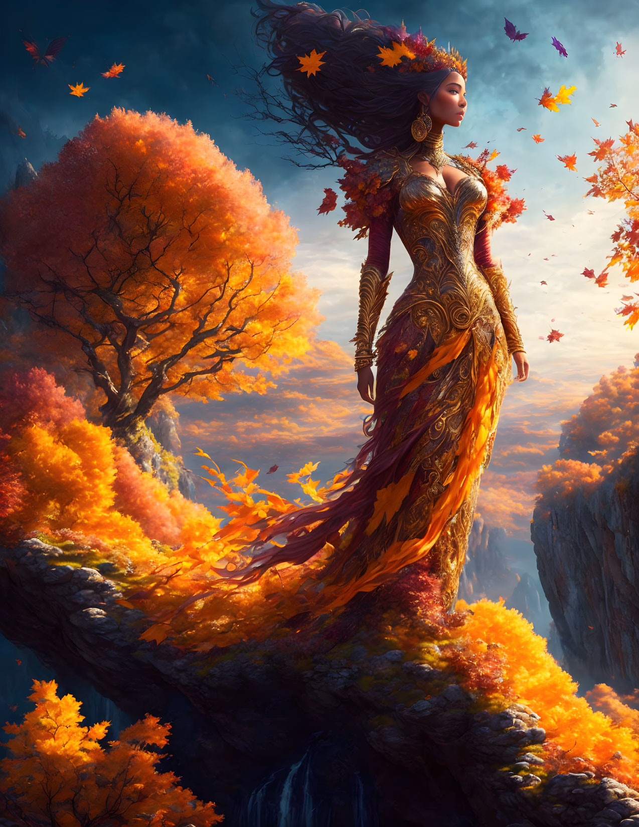 Majestic woman in golden dress on cliff with waterfall view