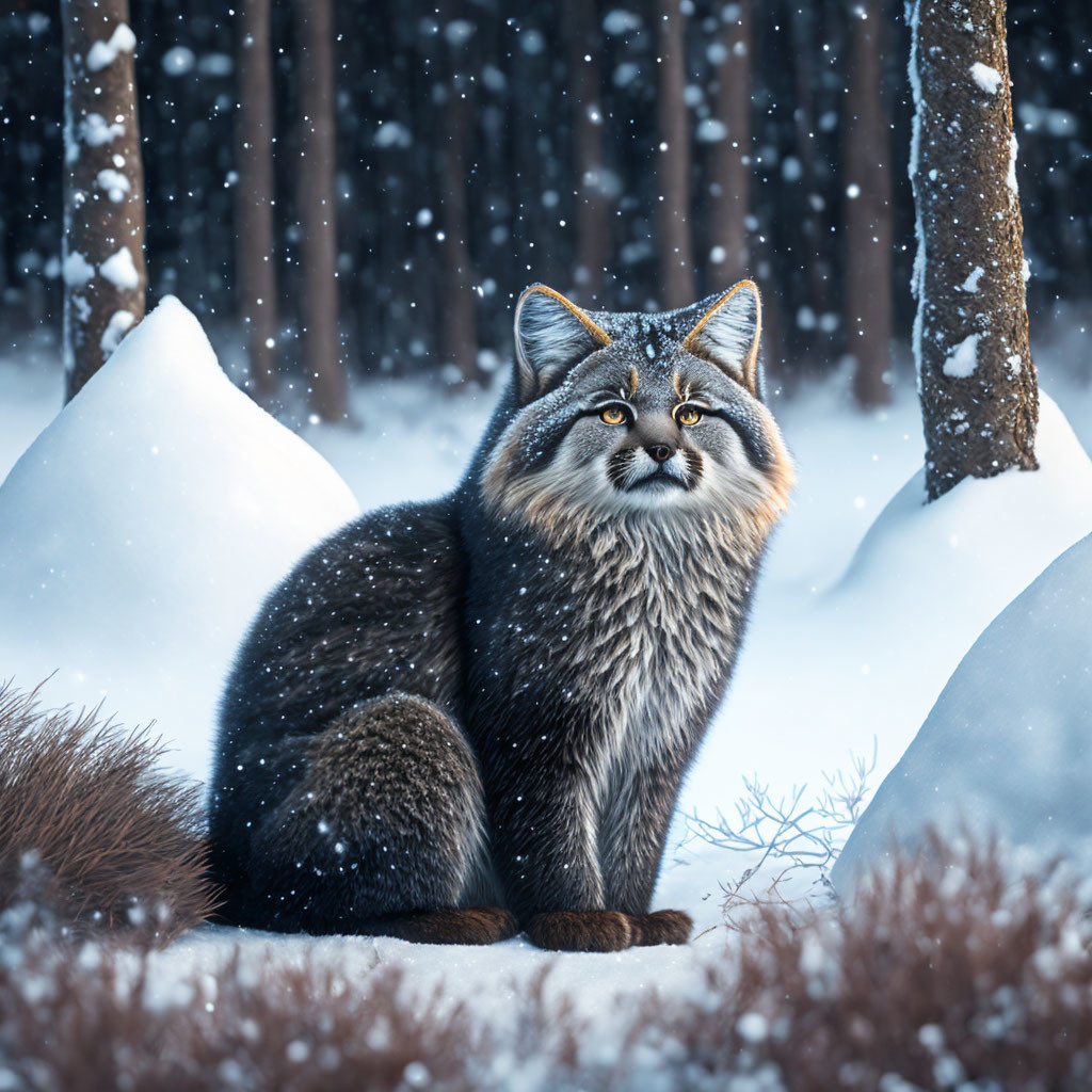 Fluffy cat in snowy forest with piercing eyes