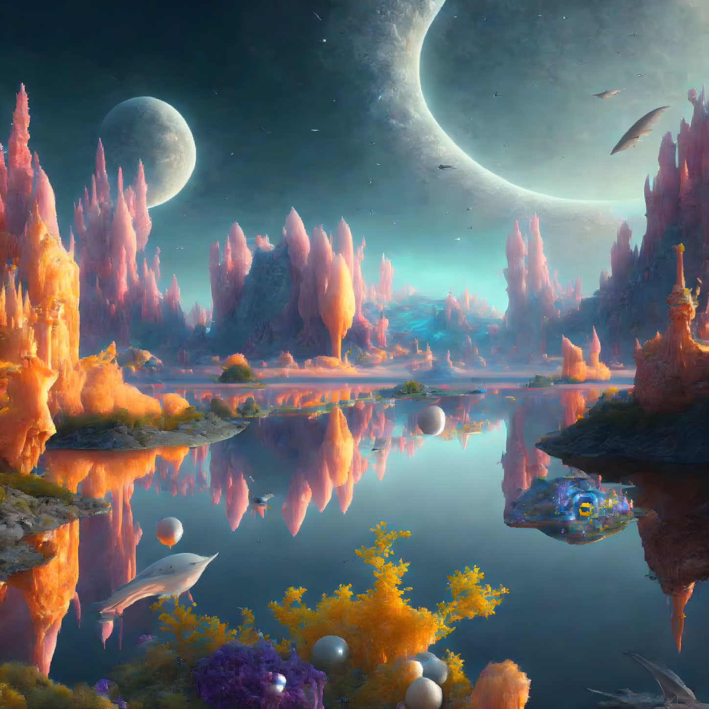 Vibrant alien landscape with orange and purple vegetation, reflective waters, moons, soaring creatures