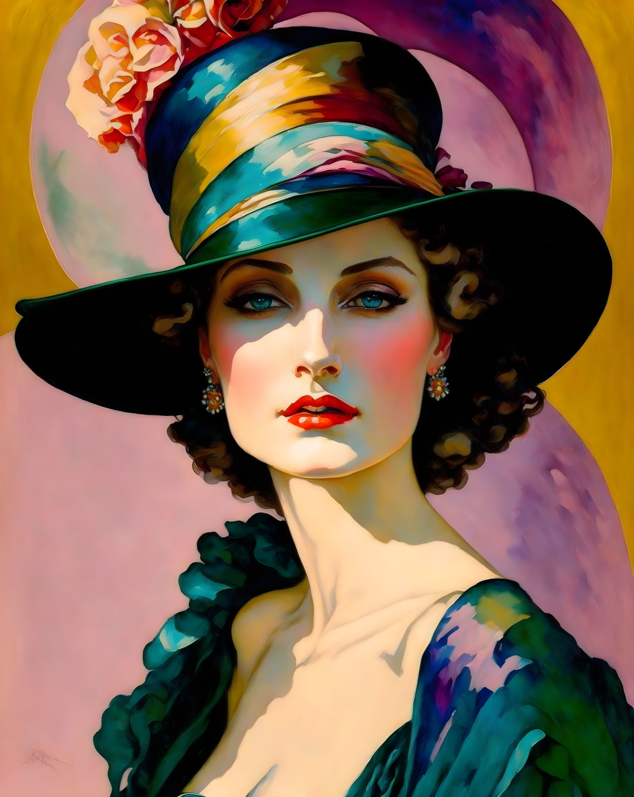 Vintage-style portrait of woman with striking makeup and flower-adorned hat.