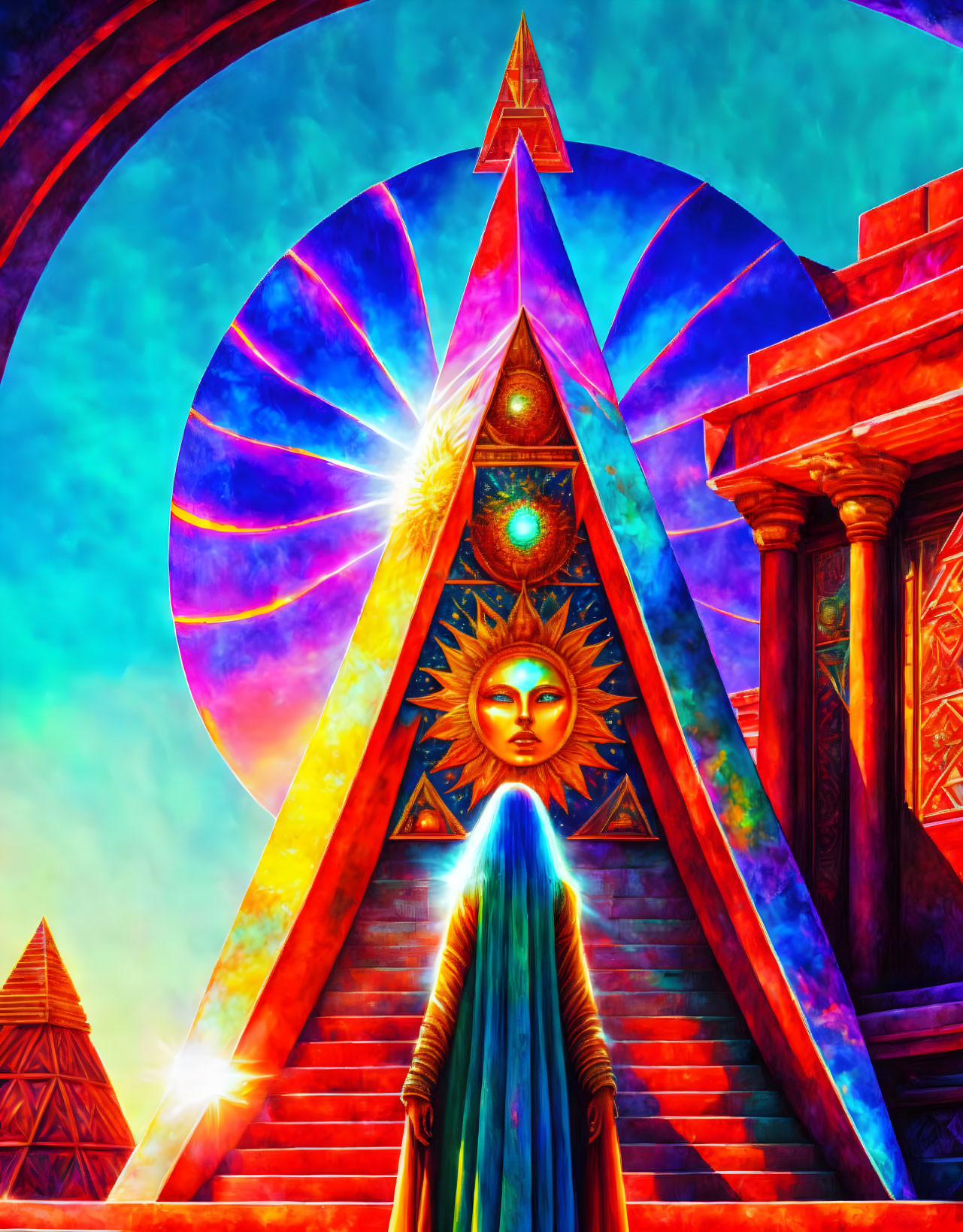 Colorful digital artwork of figure by cosmic pyramid and ancient temple