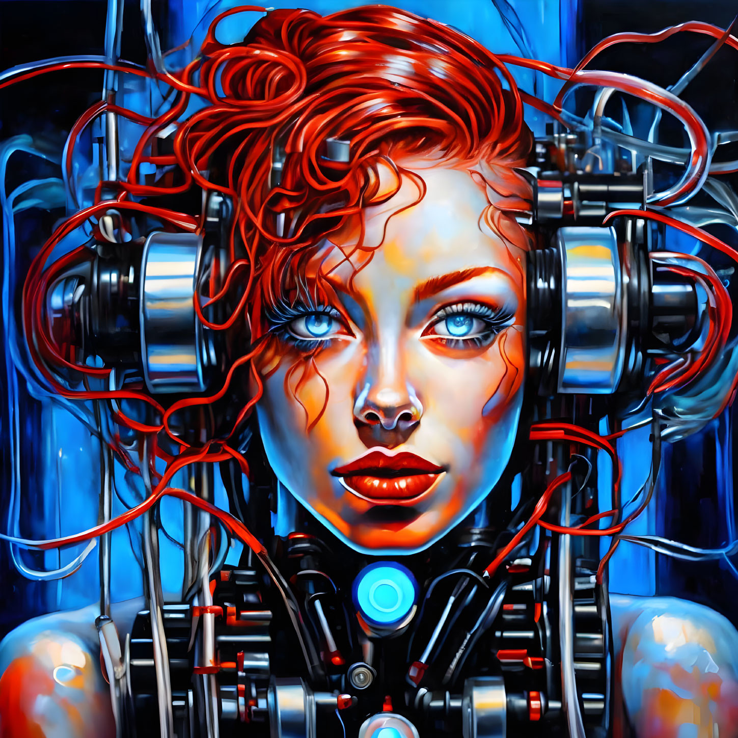 Colorful Illustration: Woman with Red Hair and Cybernetic Enhancements