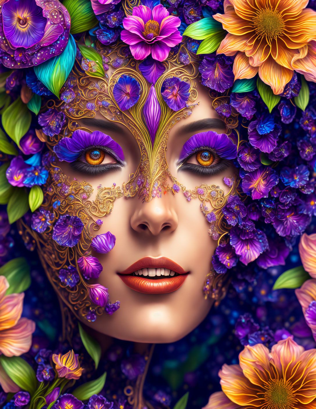 Close-up digital portrait of woman with ornate floral mask and vibrant flowers.