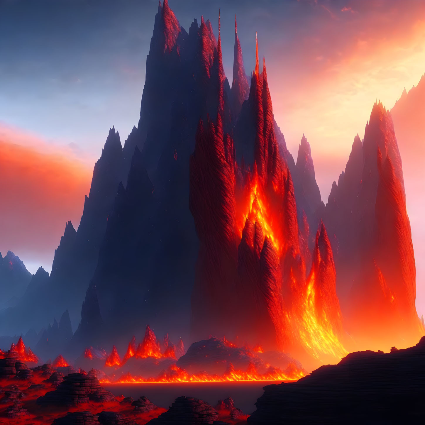 Volcanic landscape with glowing lava streams and towering mountains under a red sky