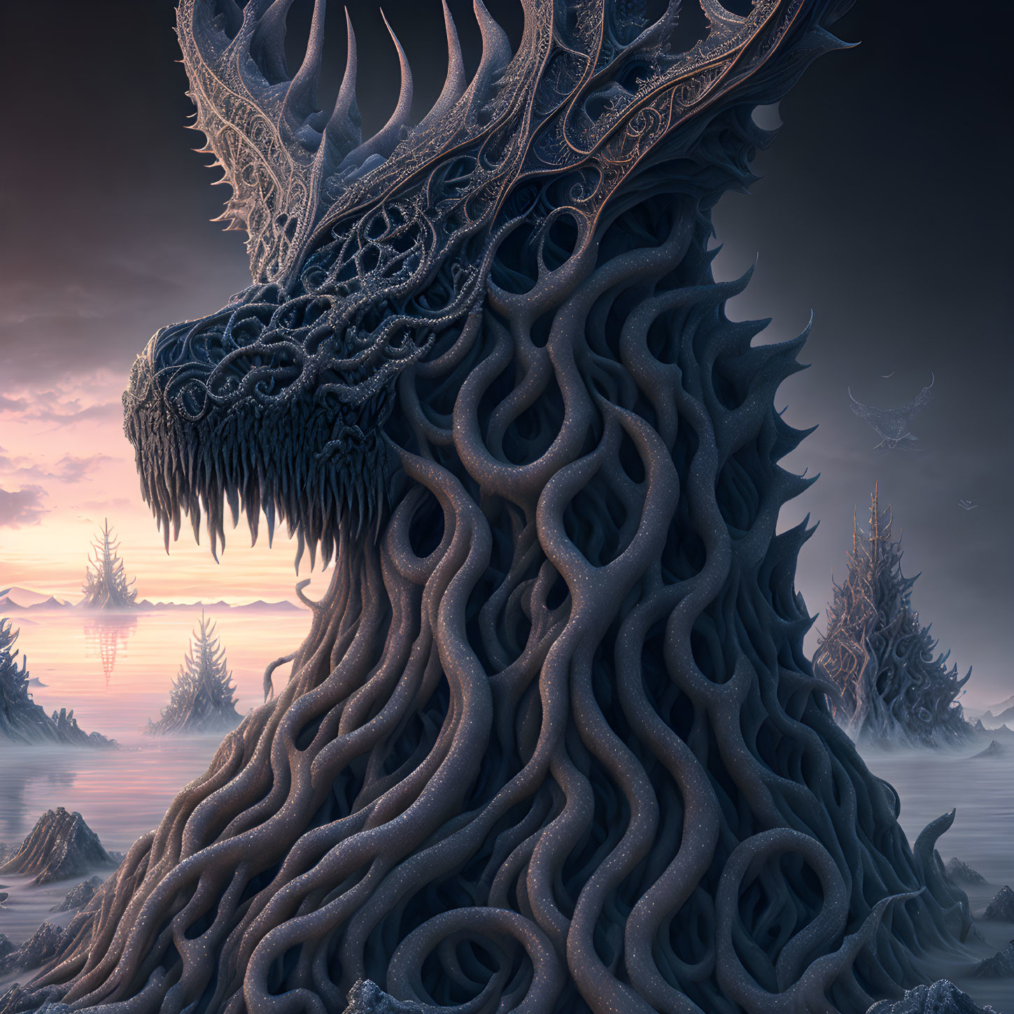 Majestic dragon with ornate horns in misty landscape