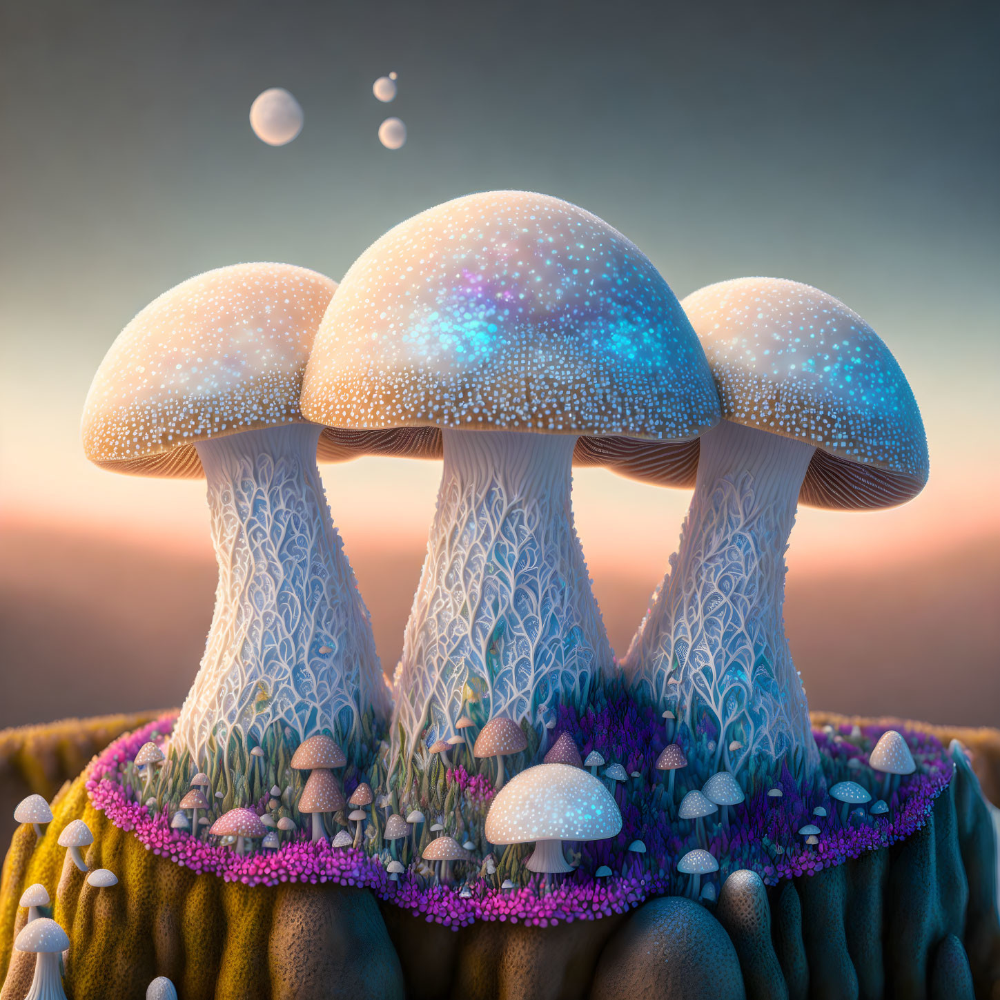 Glowing mushrooms on mossy terrain under twilight sky