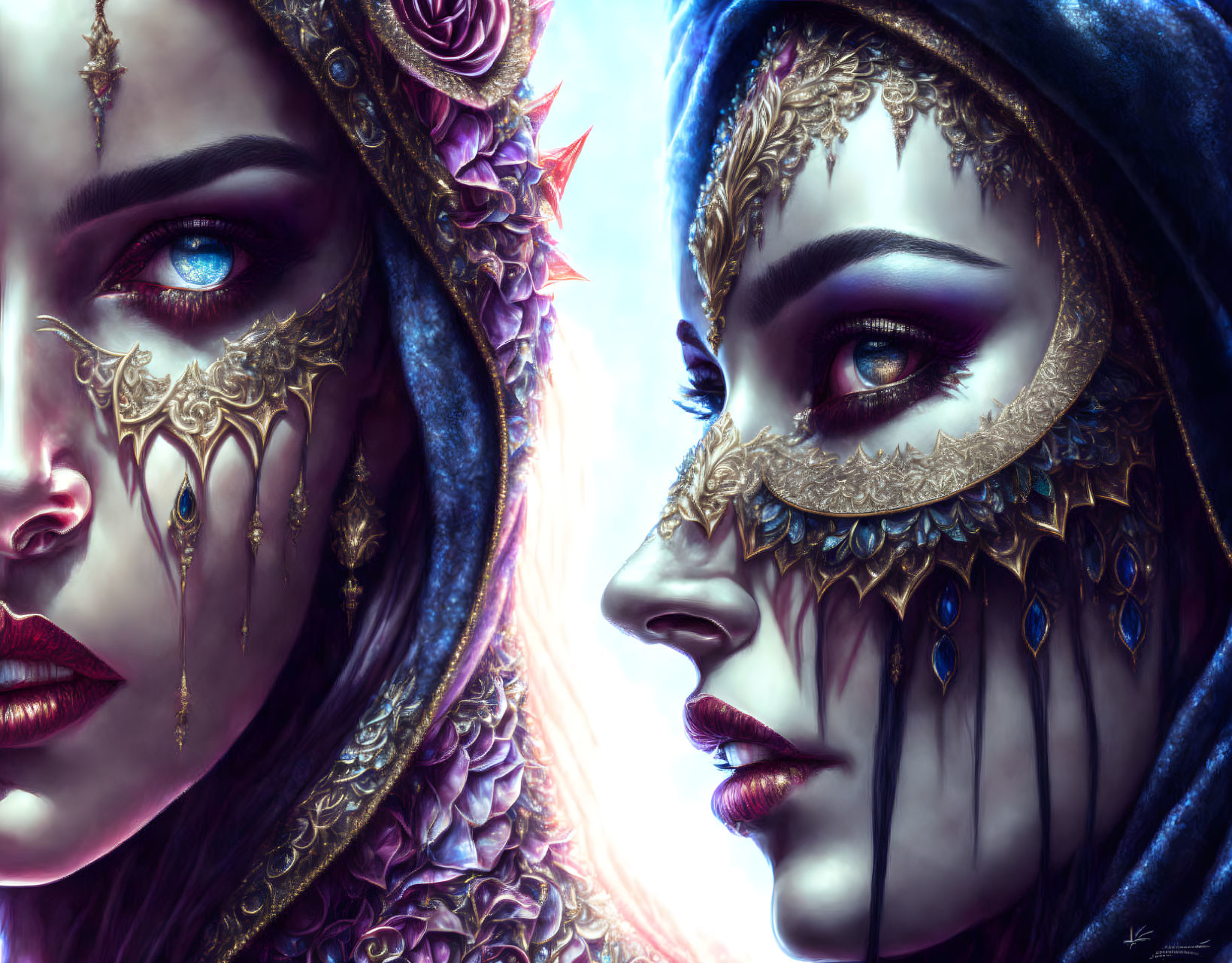 Digital Artwork: Two Women with Ornate Makeup and Headpieces, One Wearing a Mask