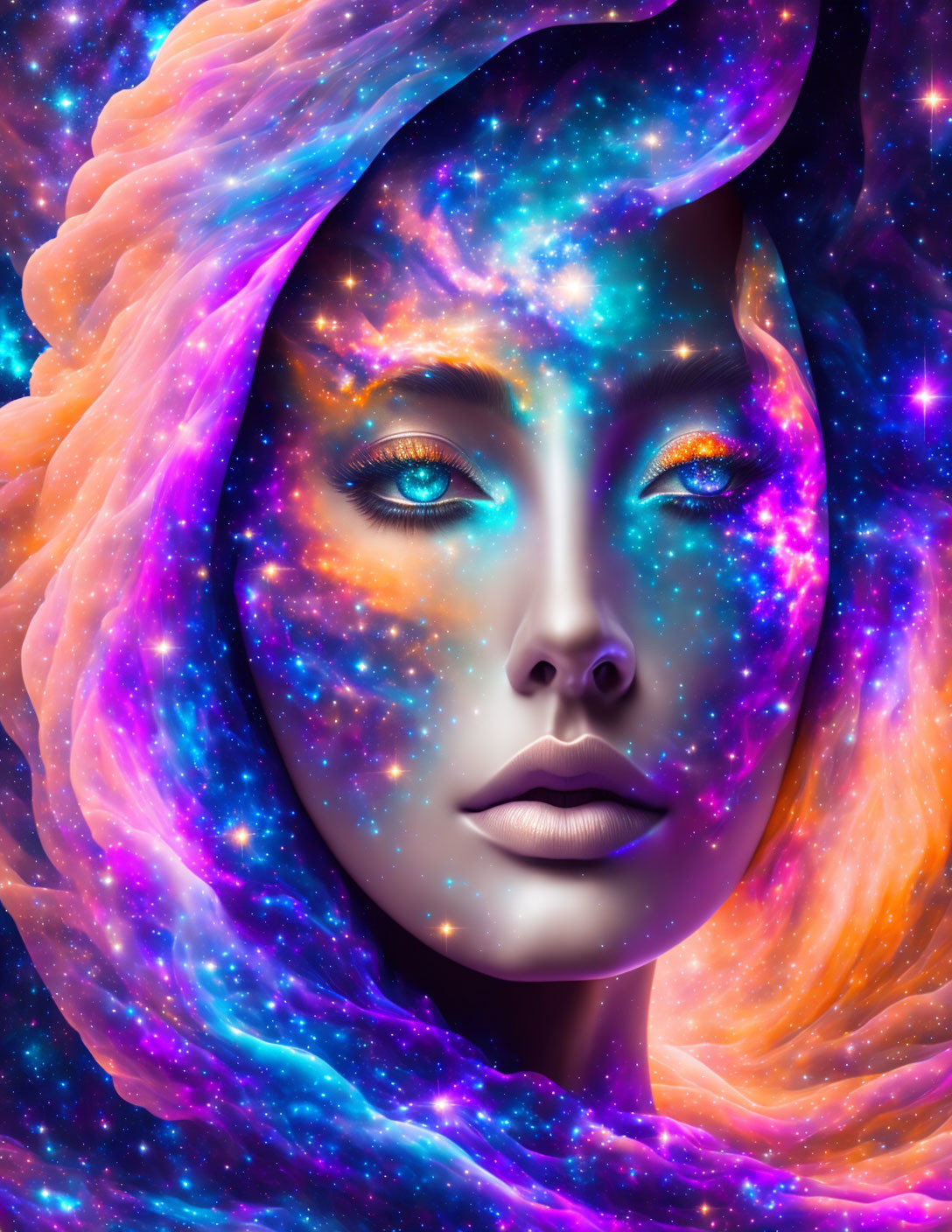 Surrealist portrait blending woman's face with cosmic elements