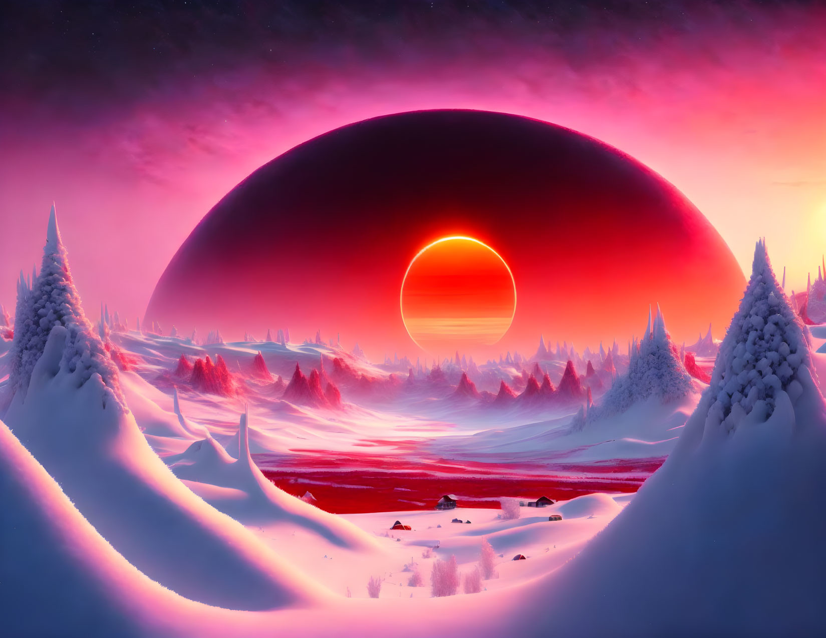 Surreal landscape with dark sphere, red sky, snowy terrain, pine trees