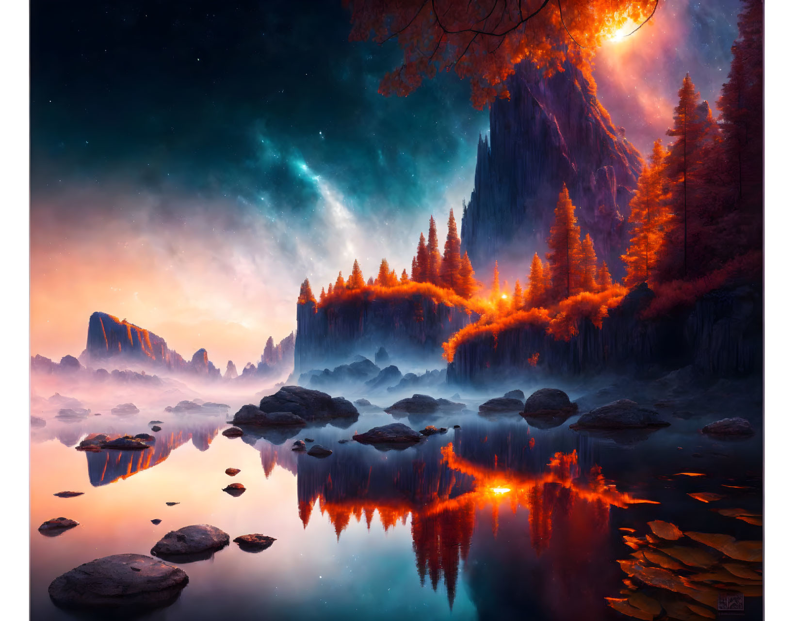 Vibrant autumn landscape with fiery trees, tranquil lake, and cosmic sky