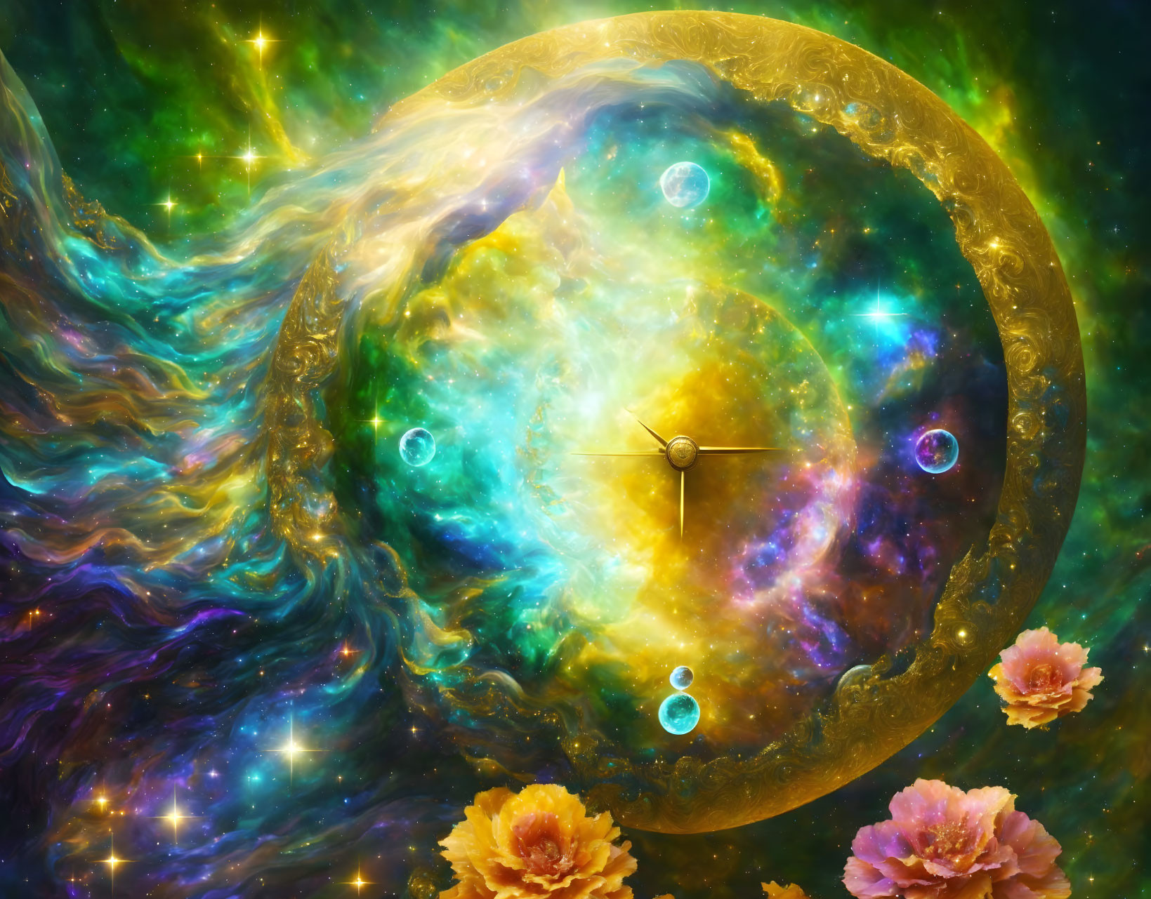 Golden spiral galaxy surrounded by stars, bubbles, and pink flowers