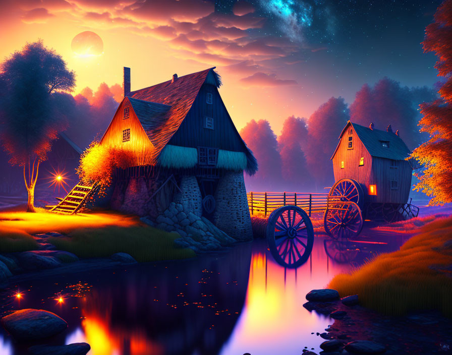 Whimsical illuminated windmill and cottage by serene pond at twilight