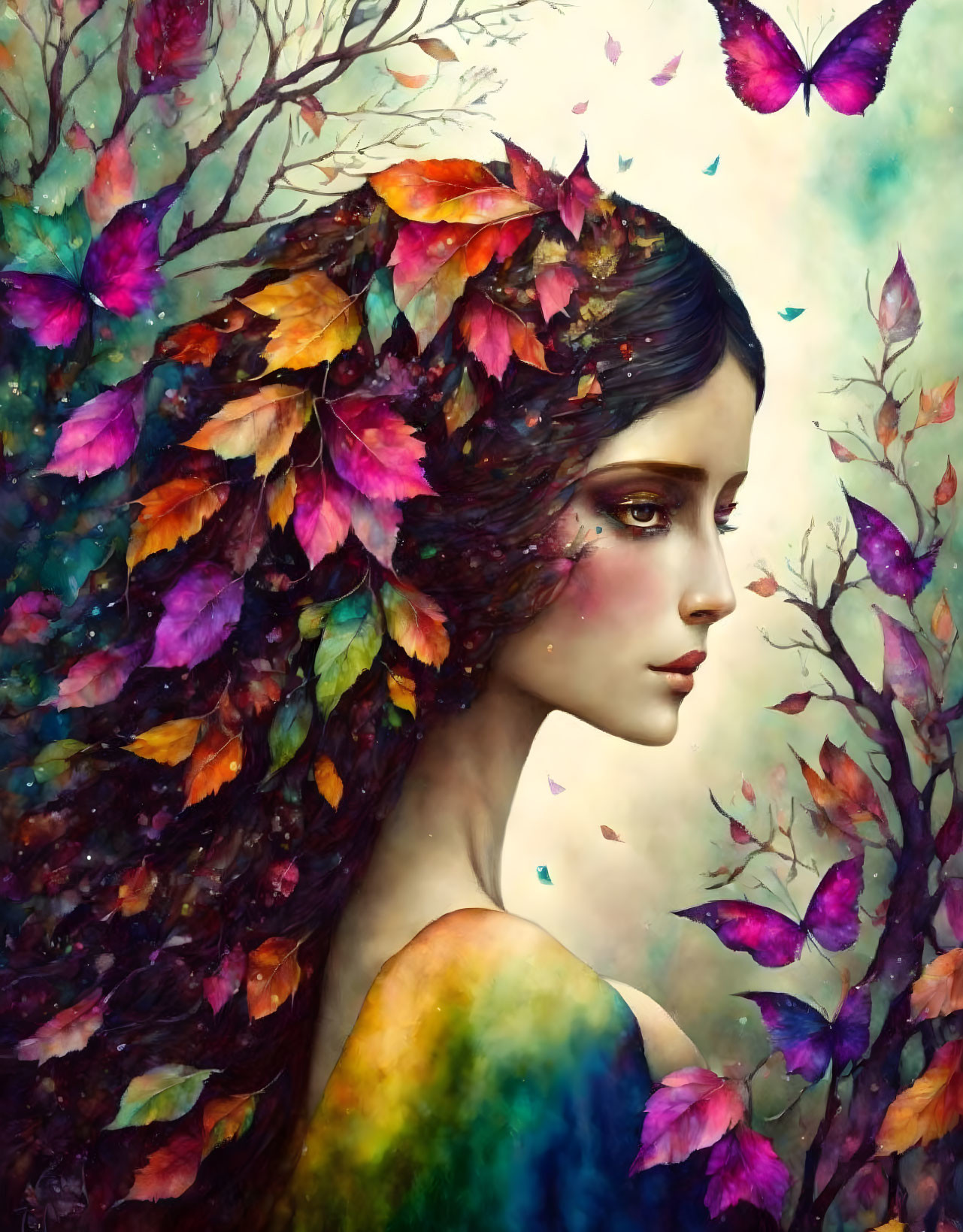 Woman's portrait with leaves and butterflies in vibrant autumn setting