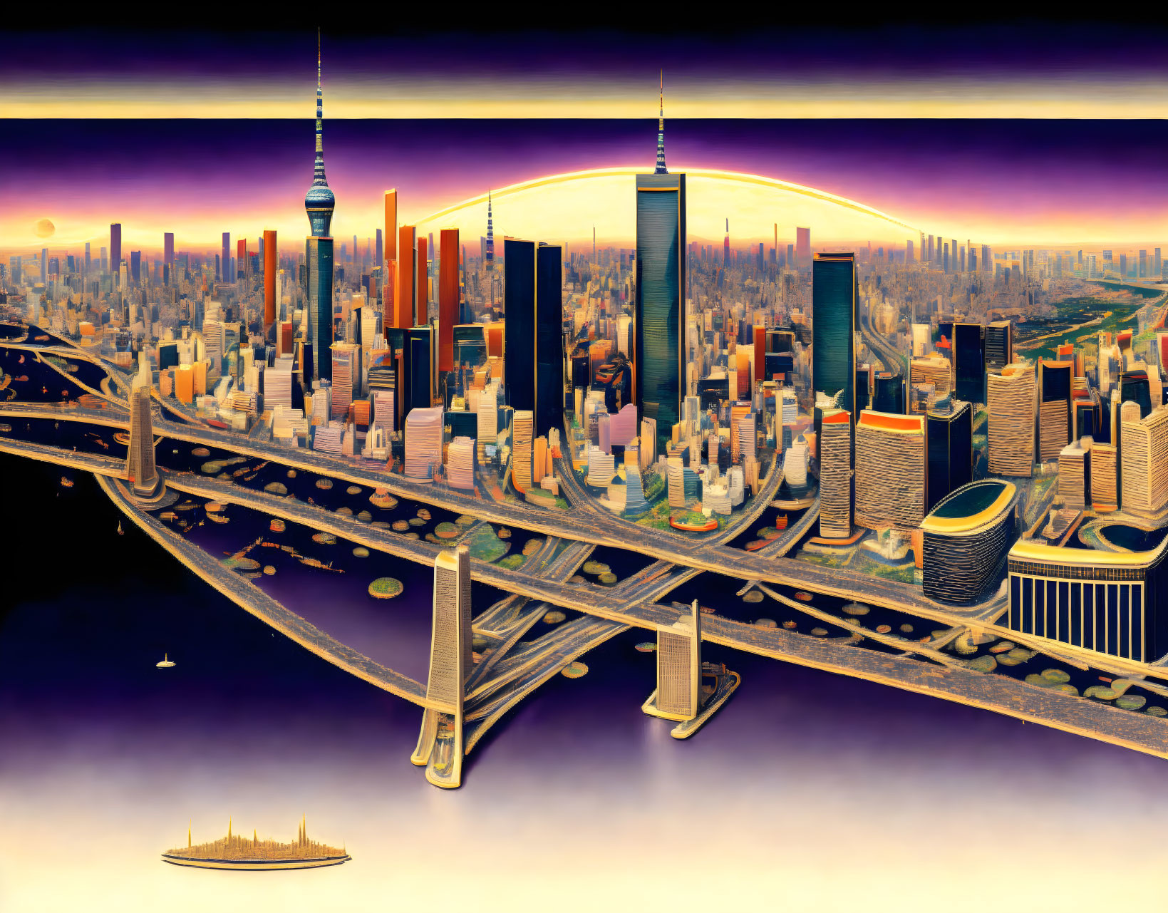 Futuristic cityscape panorama with skyscrapers and bridges at sunrise or sunset