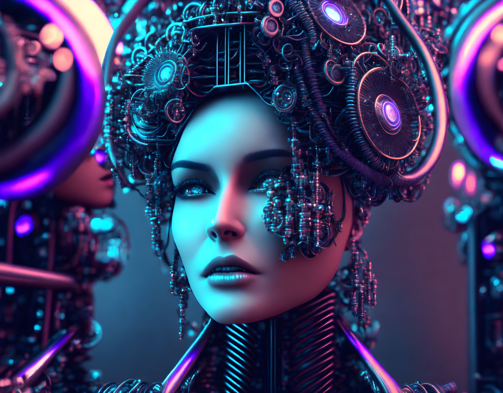 Futuristic digital art portrait of female figure with robotic details in neon-lit setting