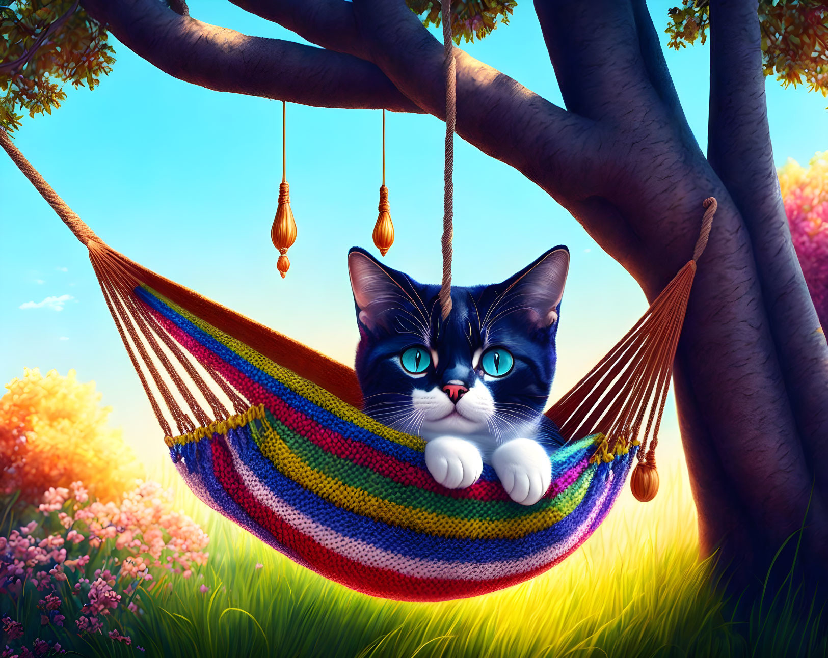 Colorful illustration of wide-eyed cat in rainbow hammock under warm lighting