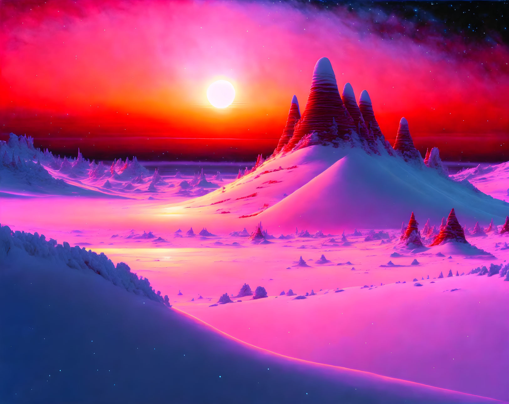 Digital Art: Snowy Landscape with Glowing Sun and Starry Sky