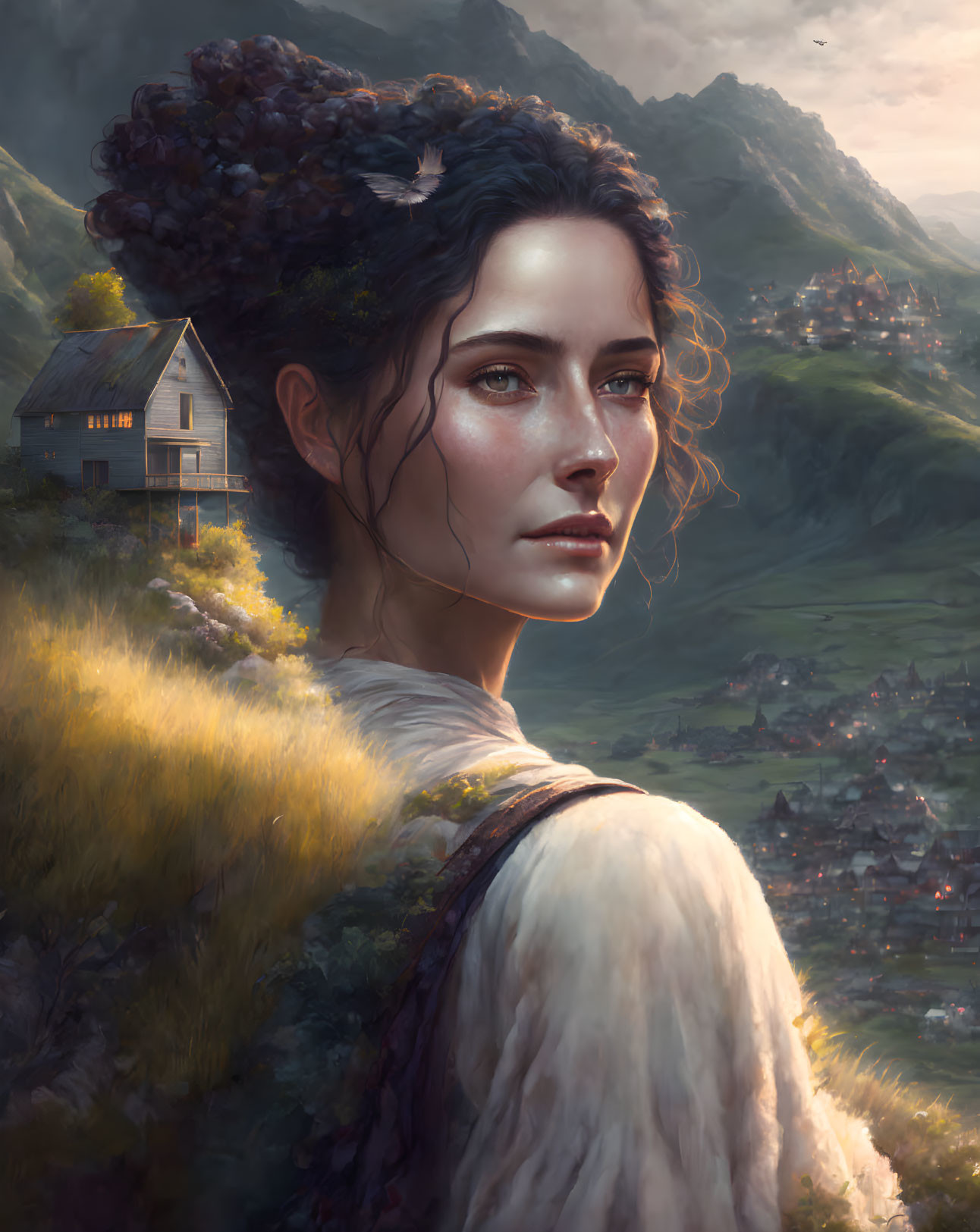 Woman with Dark Hair and Flowers in Portrait with Village and Mountains