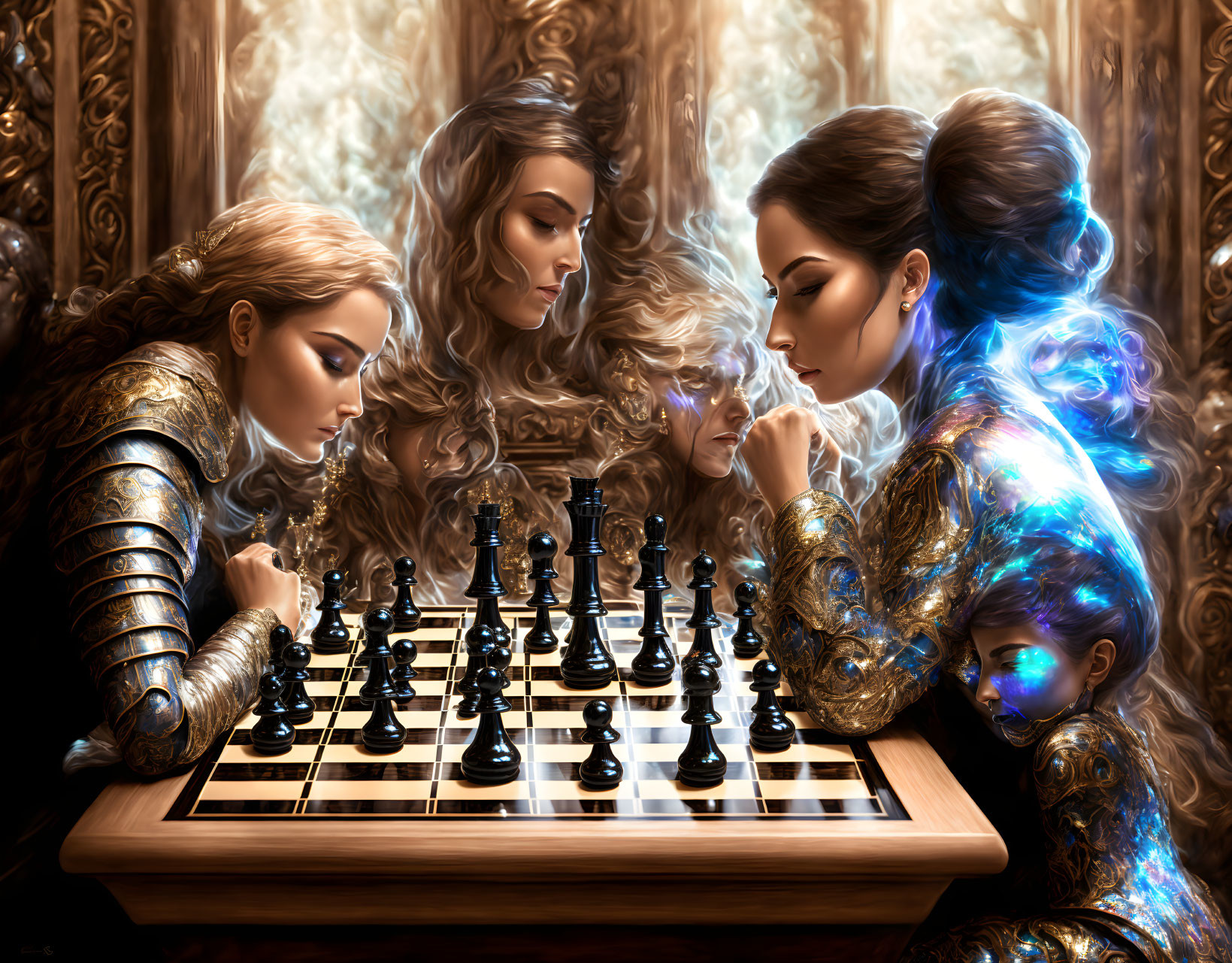 Four Women Playing Chess in Fantasy Armor and Ethereal Lighting