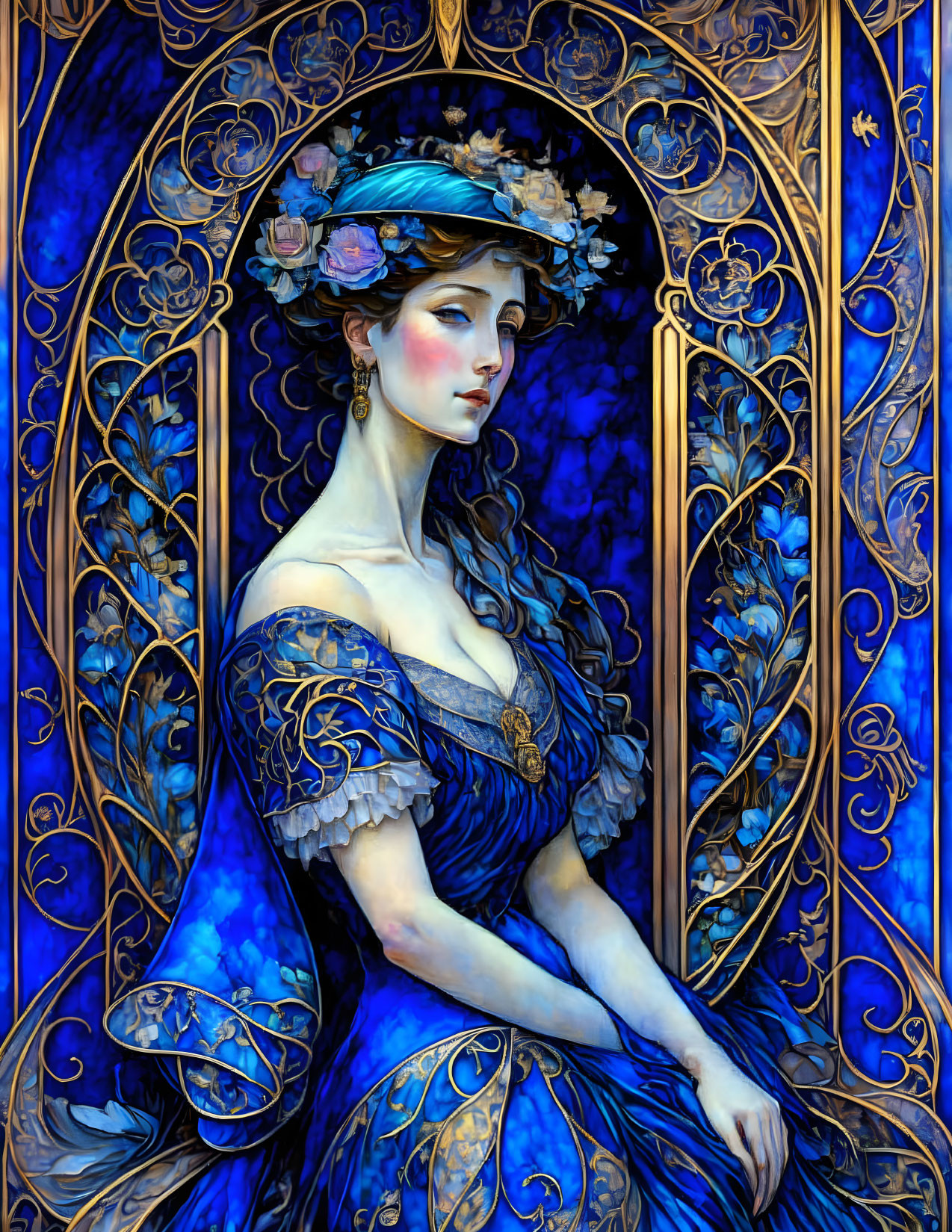 Stylized painting of a woman in blue dress with floral patterns against gothic arch backdrop